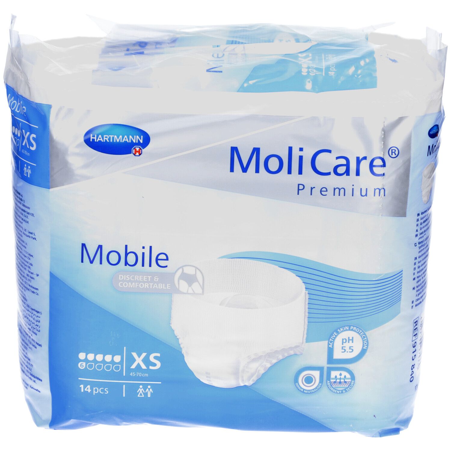 Verpackung MoliCare Premium Mobile XS. Marke Hartmann. 14 Stück. XS-Größe. Diskret & komfortabel. pH 5,5. Produktabbildung.