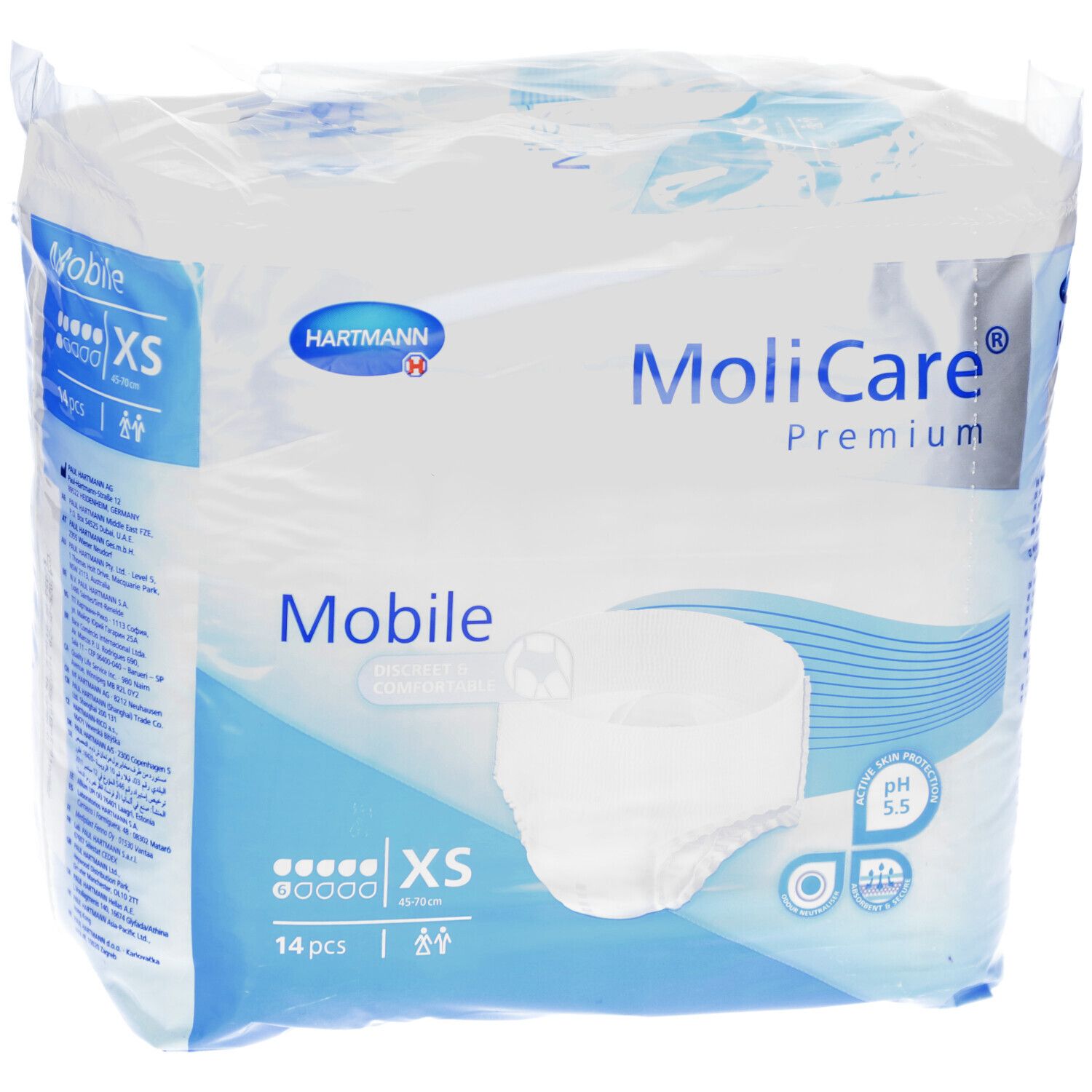 Verpackung MoliCare Premium Mobile XS. Marke Hartmann. 14 Stück. XS-Größe. Diskret & komfortabel. pH 5,5. Produktabbildung.