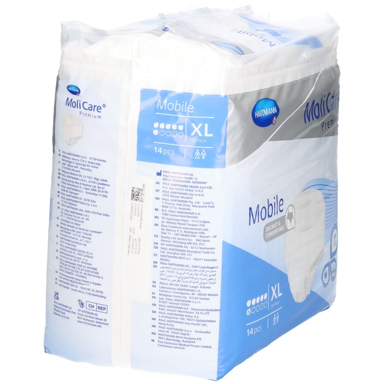 Rückseite der MoliCare Premium Mobile Inkontinenzunterwäsche-Packung, Größe XL, 14 Stück.