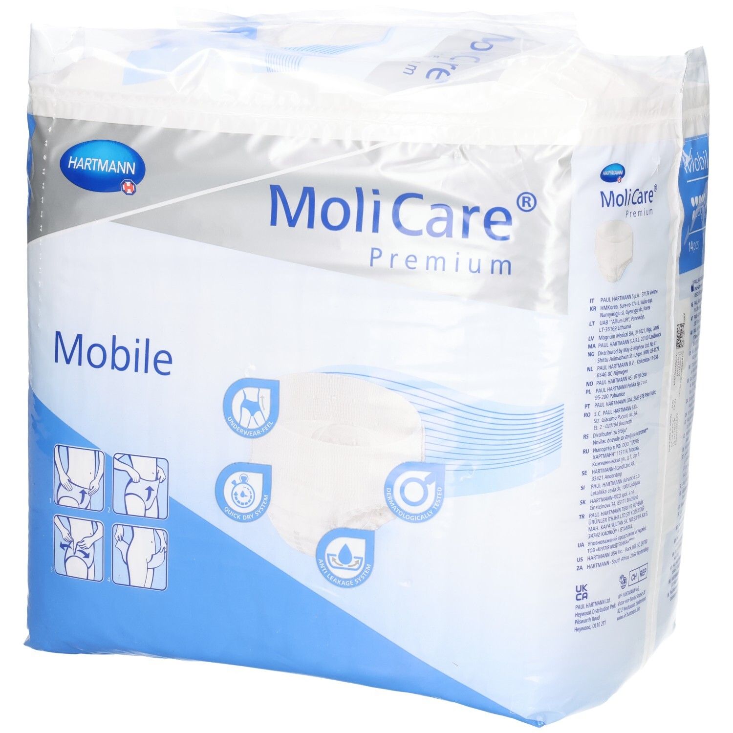 MoliCare Premium Mobile Inkontinenzunterwäsche, Größe XL, 14 Stück, mit Anwendungssymbolen.