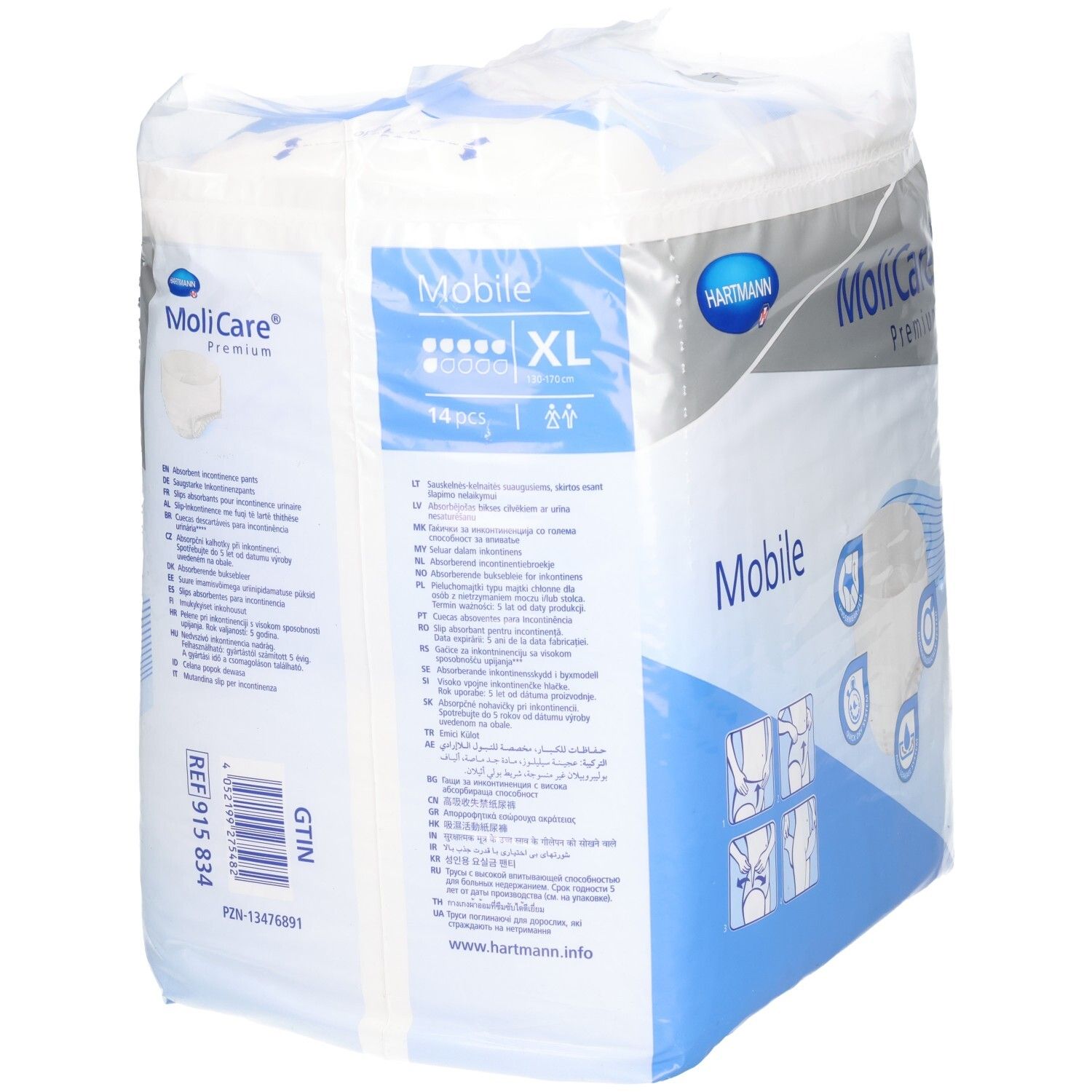 Seitenansicht der MoliCare Premium Mobile Inkontinenzunterwäsche-Packung, Größe XL, 14 Stück.