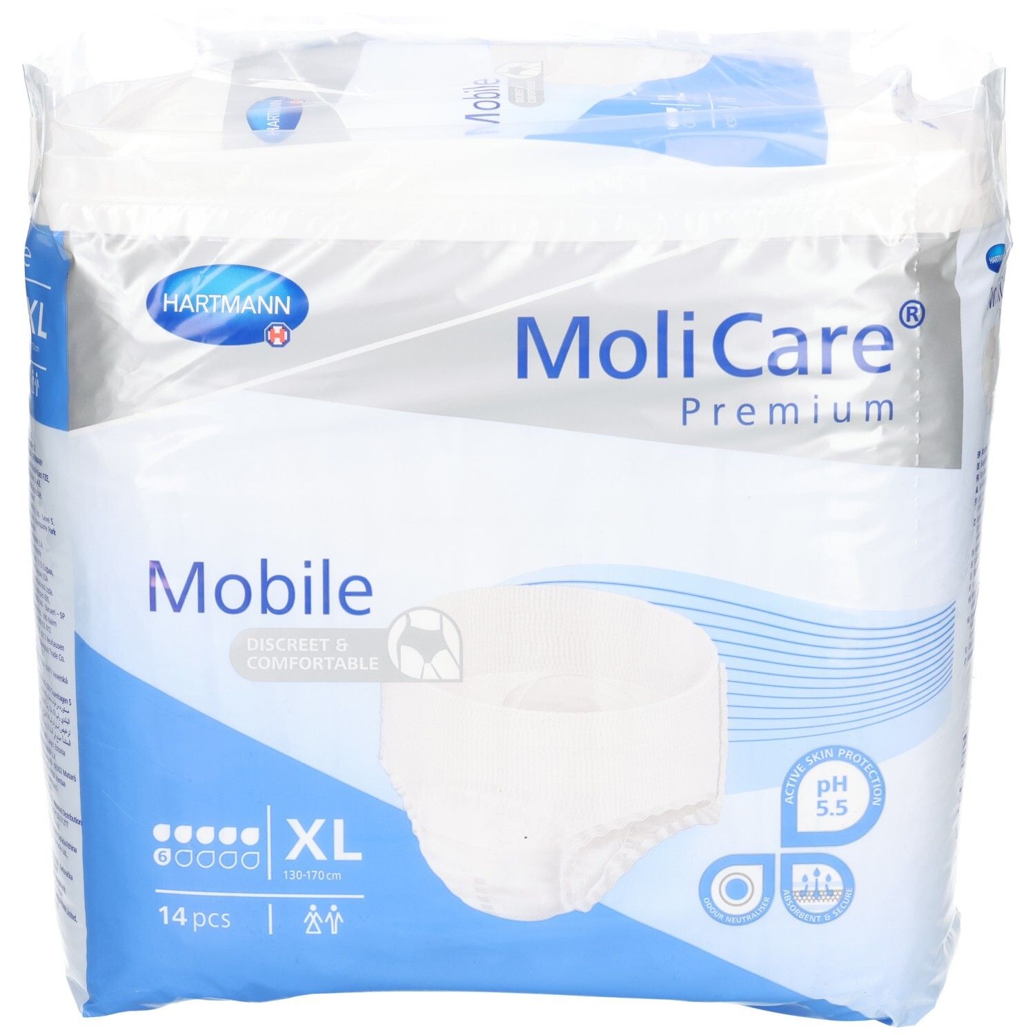MoliCare Premium Mobile Inkontinenzunterwäsche, Größe XL, 14 Stück, mit Hautschutz-Symbol.