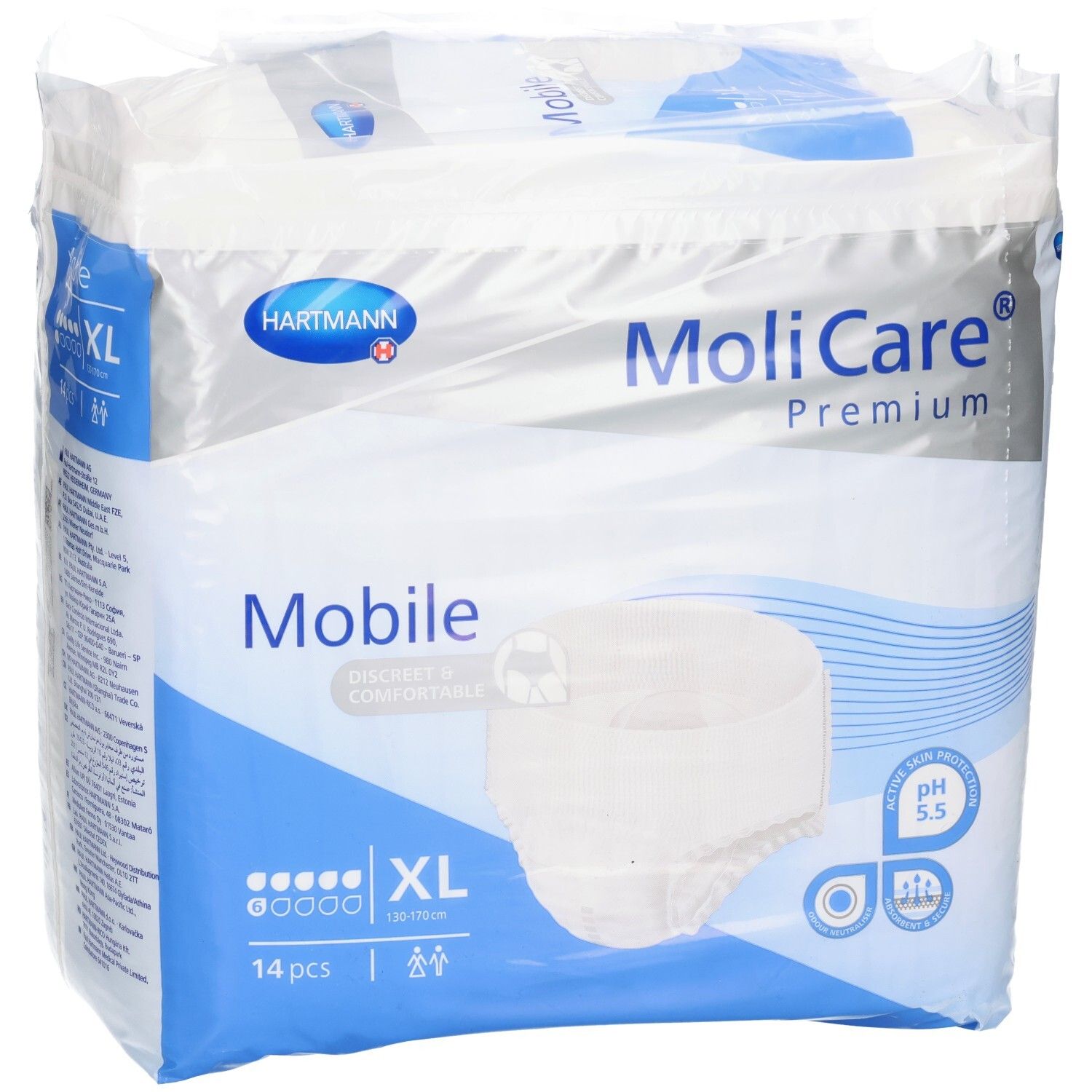 Vorderseite der MoliCare Premium Mobile Inkontinenzunterwäsche-Packung, Größe XL, 14 Stück.