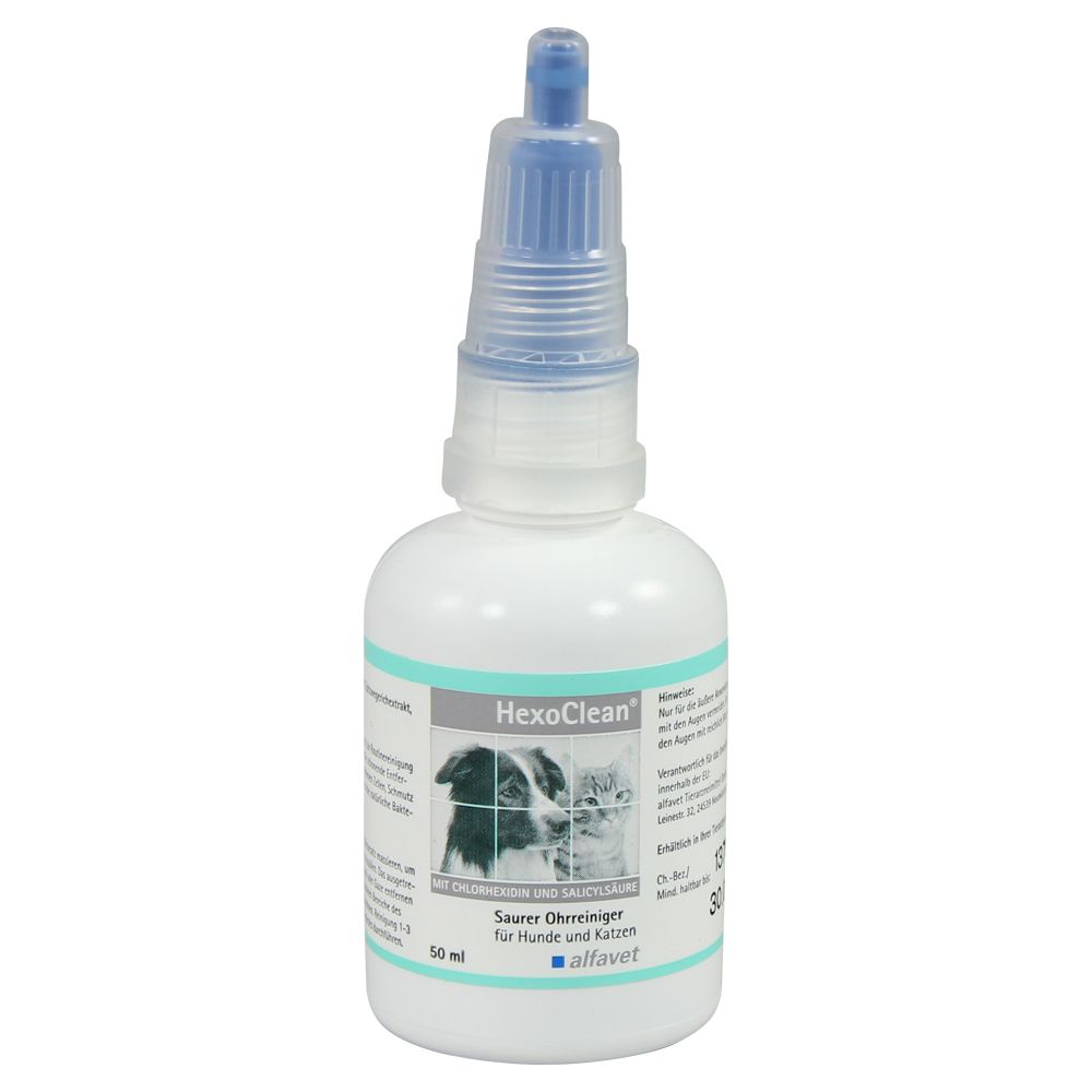 Weiße Flasche mit blauem Verschluss. Aufschrift: HexoClean, für Hunde und Katzen. Illustration von Hund und Katze.