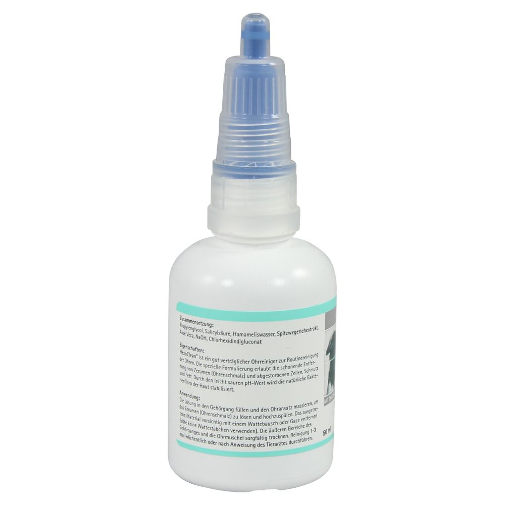 Weiße Flasche mit blauem Verschluss. Rückseite mit Text. Aufschrift: HexoClean, für Hunde und Katzen.