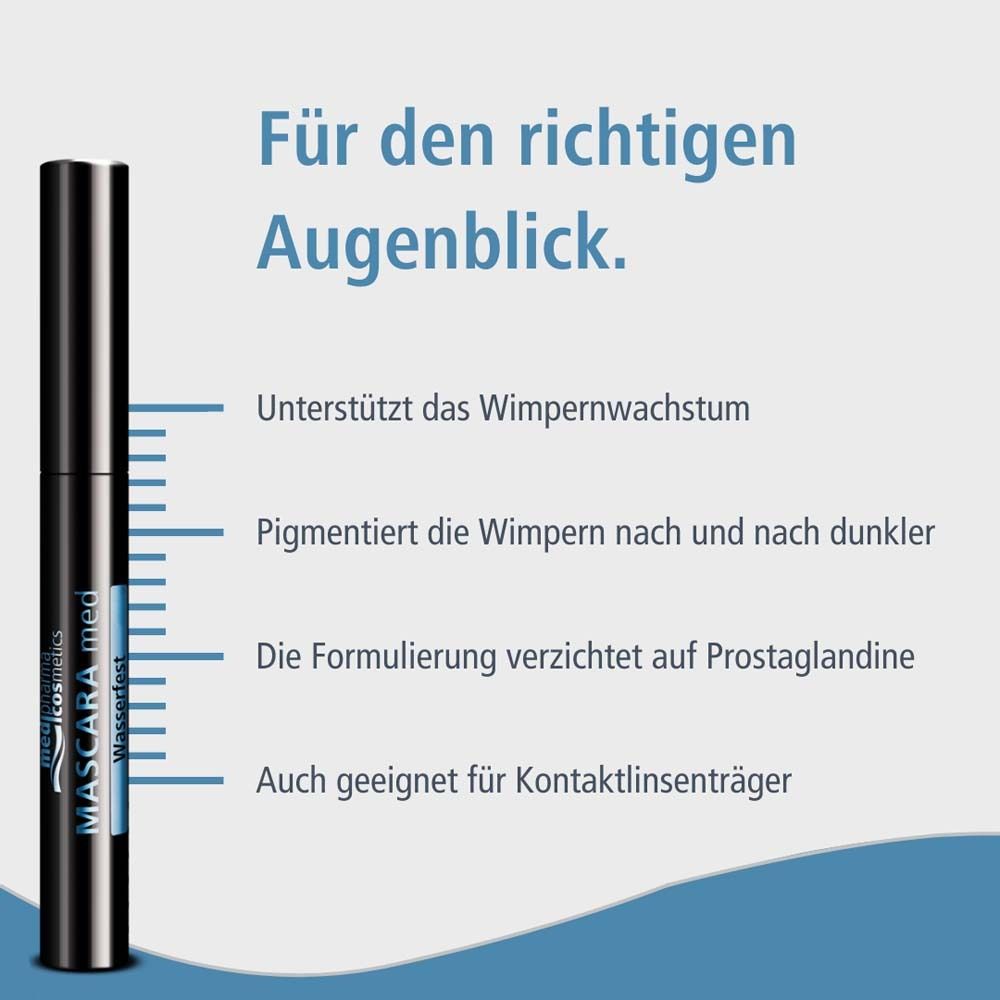 Mascara-Tube mit Text. Text: Unterstützt das Wimpernwachstum, pigmentiert dunkler, ohne Prostaglandine.