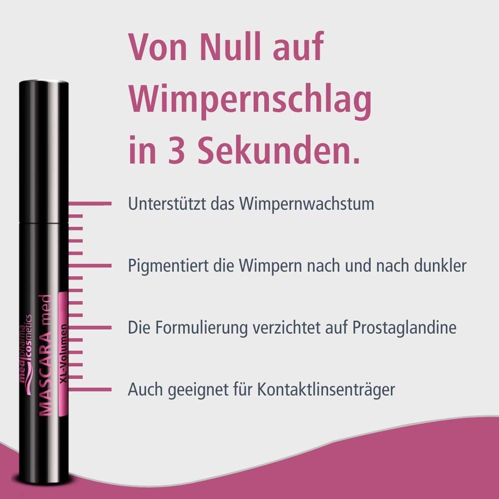 Mascara-Tube neben Text. Text: Unterstützt das Wimpernwachstum, pigmentiert dunkler, für Kontaktlinsenträger.