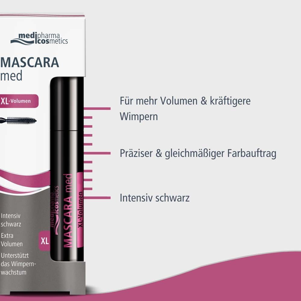 Mascara-Tube und Verpackung. Text: Für mehr Volumen, präziser Auftrag, intensiv schwarz. Marke und Produktname.
