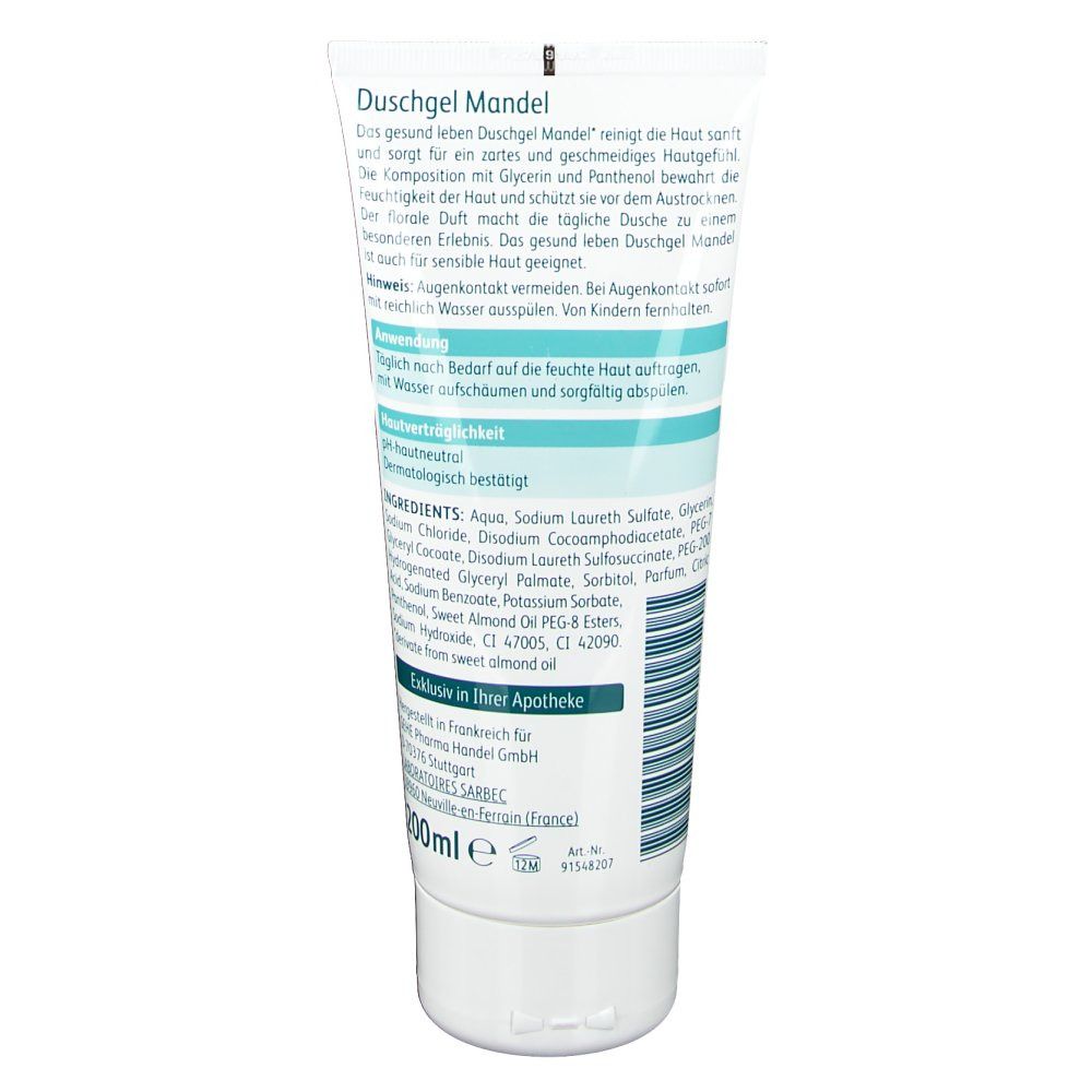 Rückseite der Duschgel Mandel Tube. Text in Deutsch. Zutatenliste. Herstellerinformationen. Volumenangabe: 150ml.