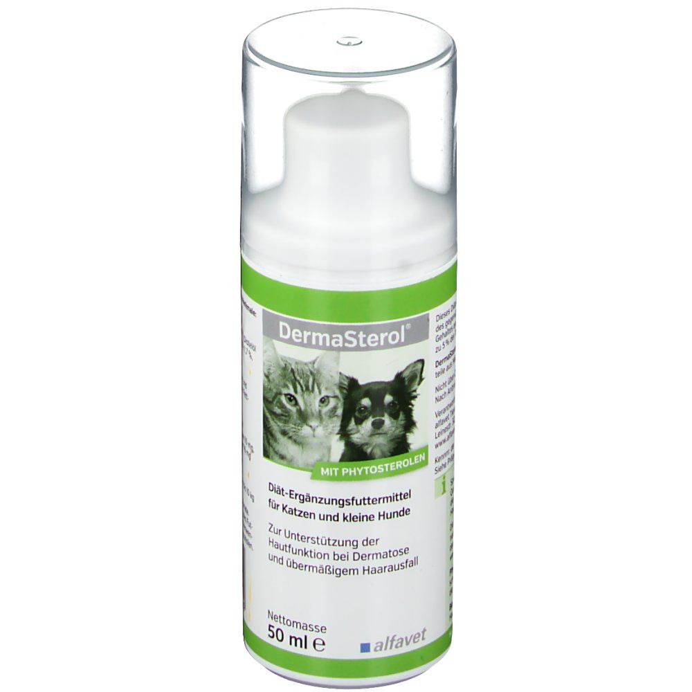 Weiße Flasche mit transparentem Deckel. Aufschrift: DermaSterol, mit Abbildung von Katze und Hund.