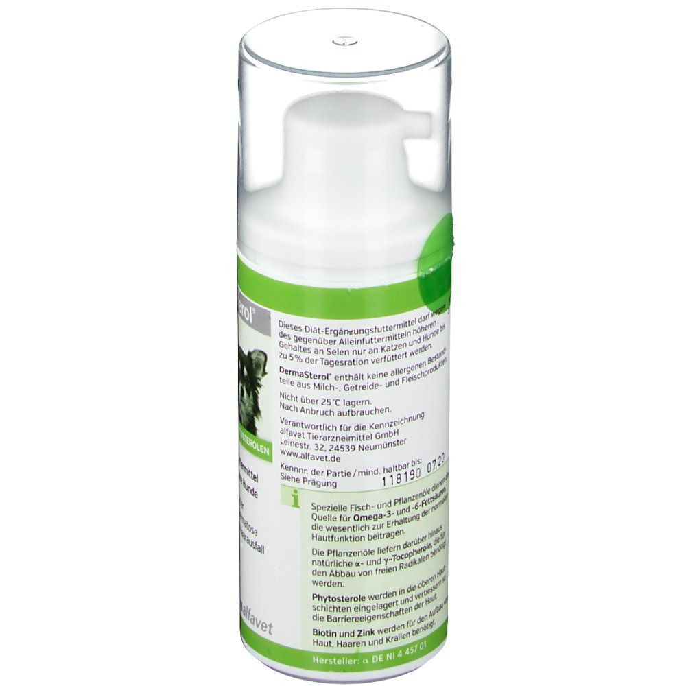 Rückseite der weißen Flasche. Textinformationen und Etikett mit Produktinformationen.