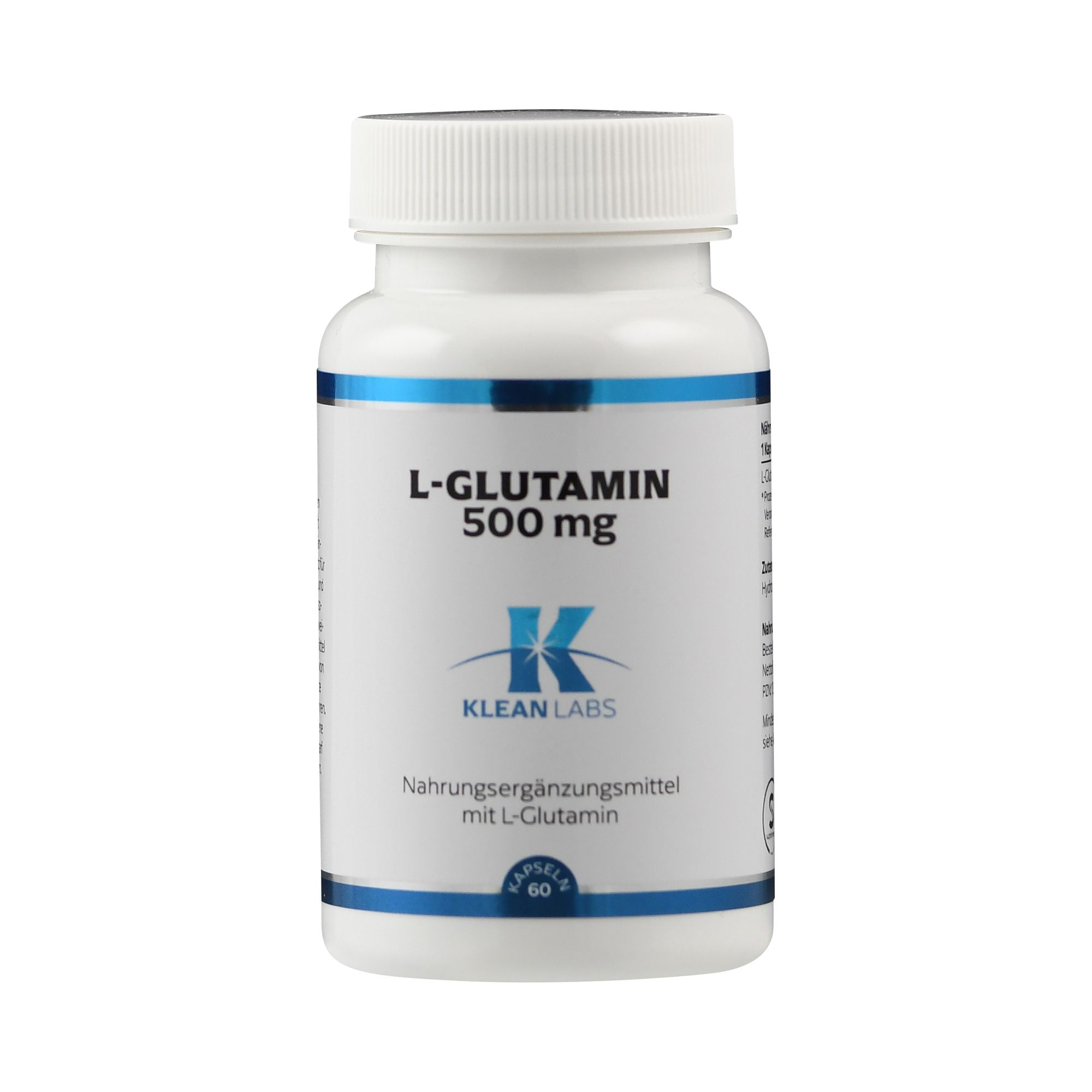 Weiße Flasche mit Kapseln. Aufschrift: L-Glutamin 500 mg, Klean Labs. Nahrungsergänzungsmittel.