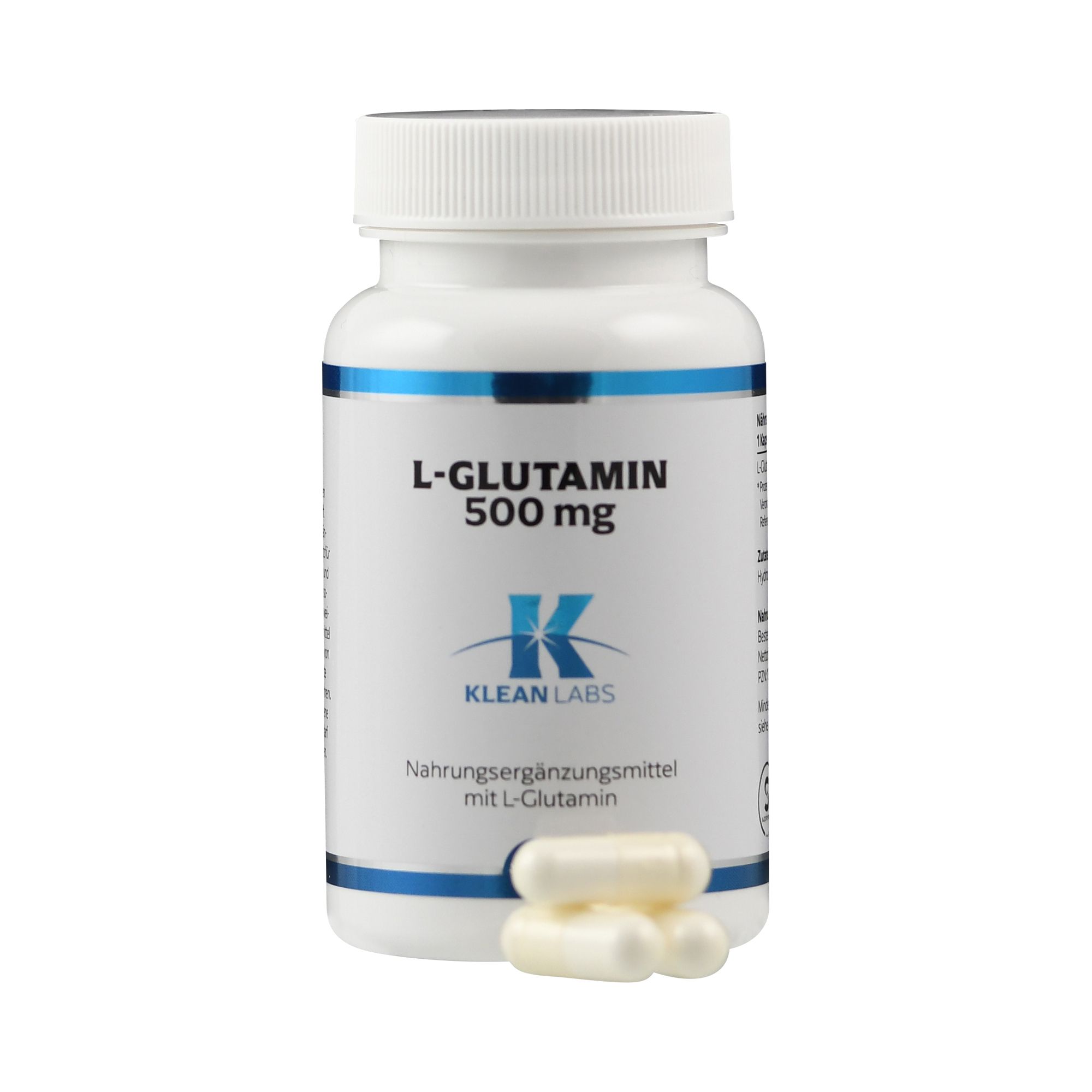 Weiße Flasche mit Kapseln. Aufschrift: L-Glutamin 500 mg, Klean Labs. Nahrungsergänzungsmittel. Drei Kapseln daneben.