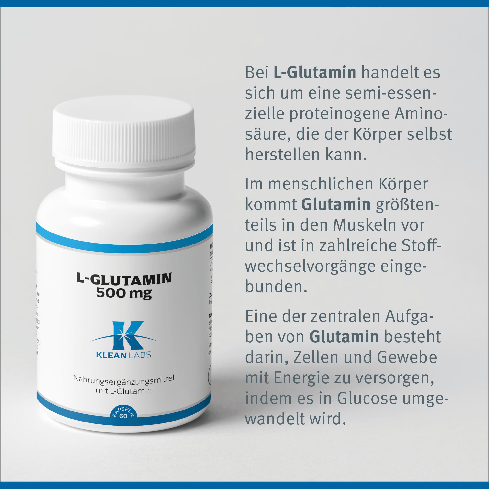 Flasche L-Glutamin 500 mg. Text über Glutamin im Körper. Klean Labs Logo. Nahrungsergänzungsmittel.