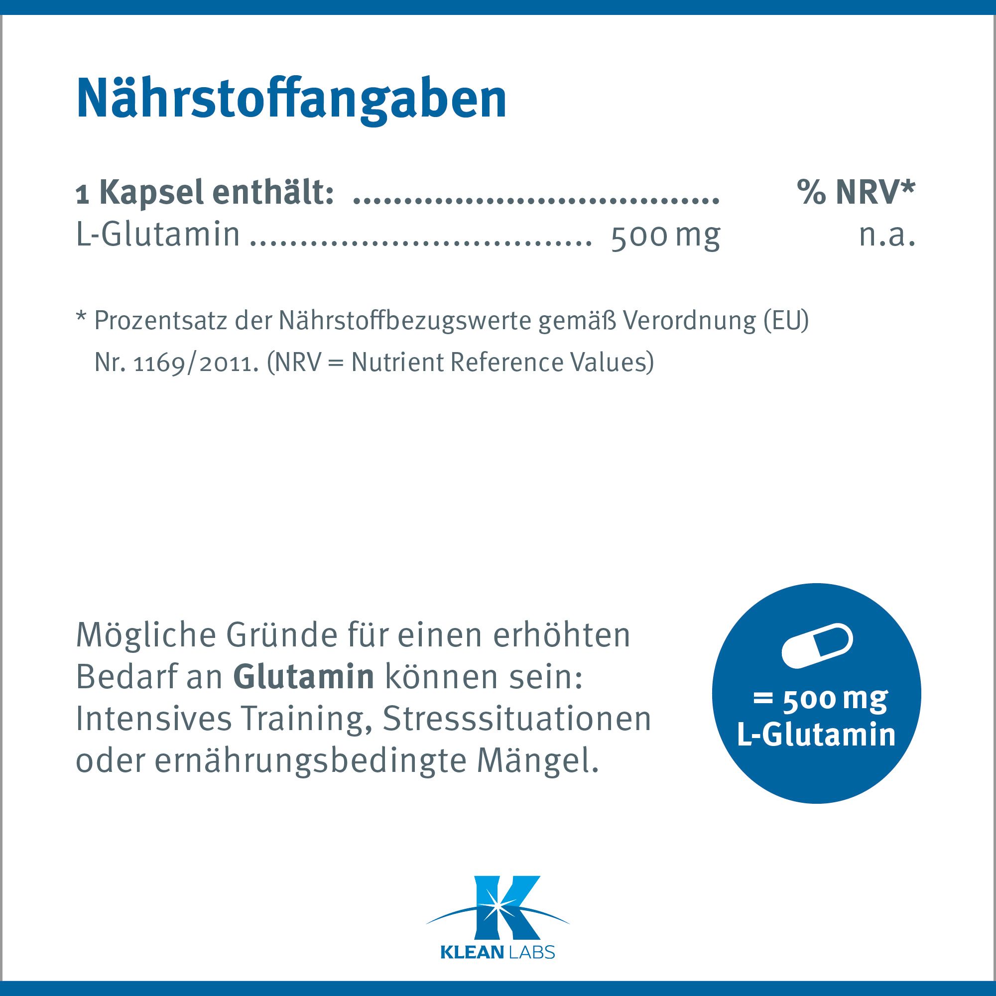Nährwertangaben. 1 Kapsel enthält 500 mg L-Glutamin. Grafik mit Kapsel. Klean Labs Logo.