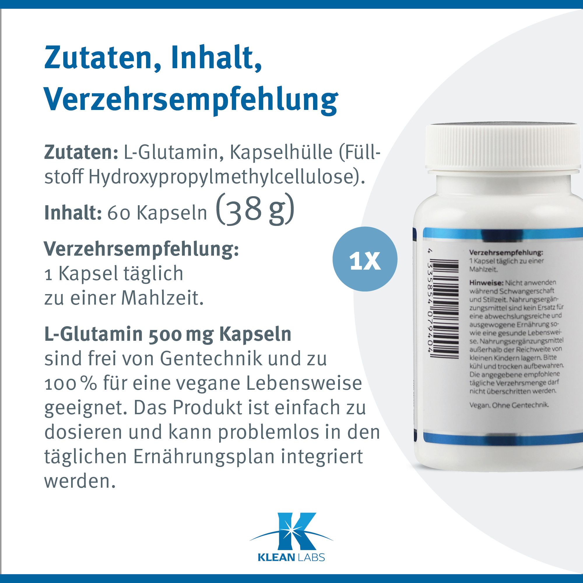 Zutaten, Inhalt, Verzehrempfehlung. 60 Kapseln (38g). 1 Kapsel täglich. Klean Labs Logo.
