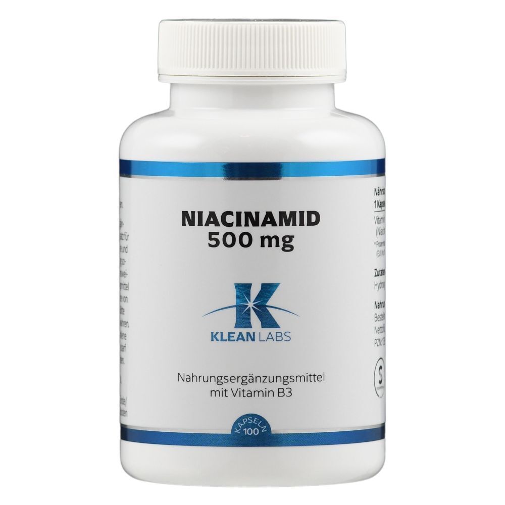 Weiße Flasche mit Kapseln. Aufschrift: Niacinamid 500 mg. Marke: Klean Labs.