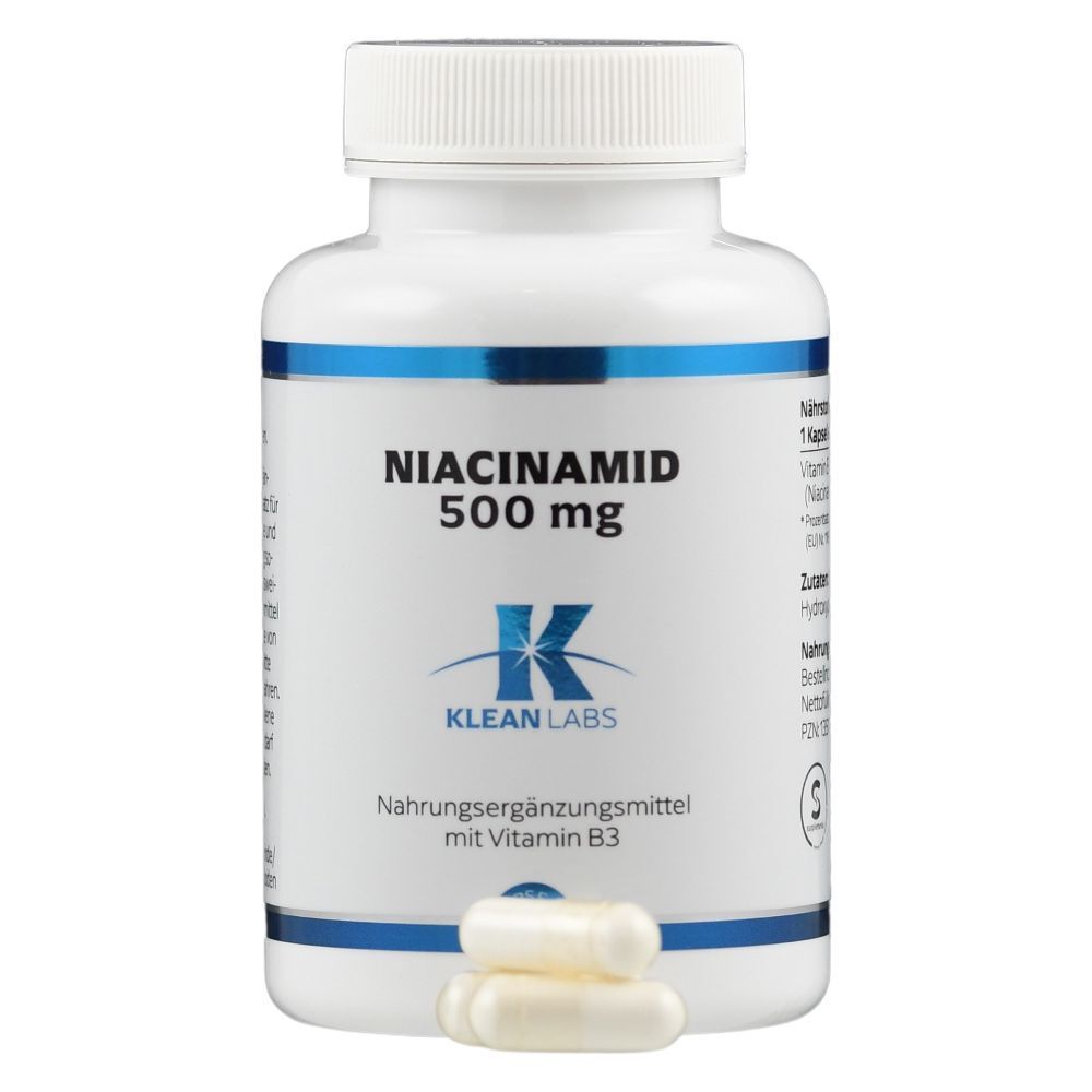 Weiße Flasche mit Kapseln. Aufschrift: Niacinamid 500 mg. Marke: Klean Labs. Kapseln daneben.