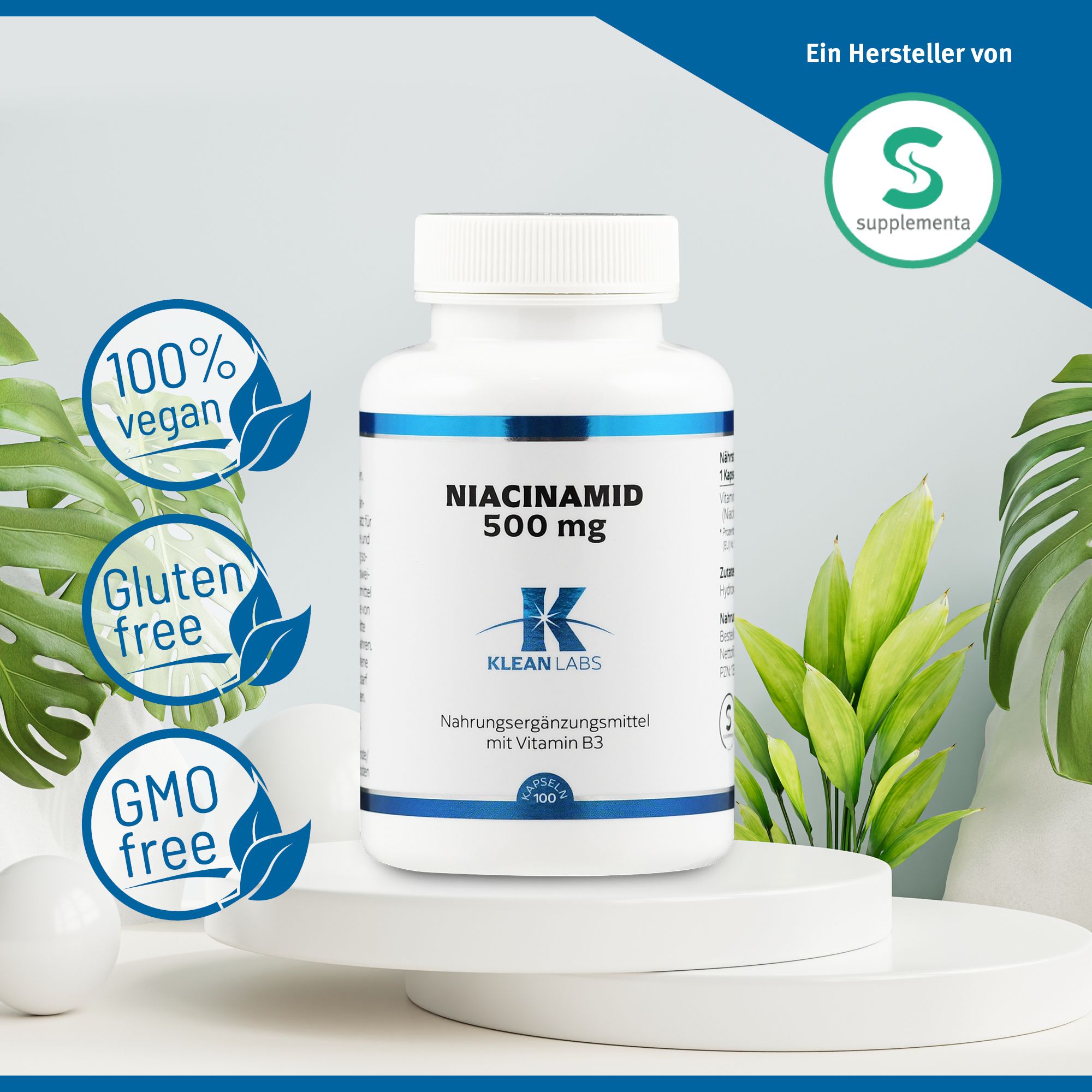 Weiße Flasche Niacinamid 500 mg. Aufschrift: Klean Labs. Vegan, glutenfrei, GMO-frei.