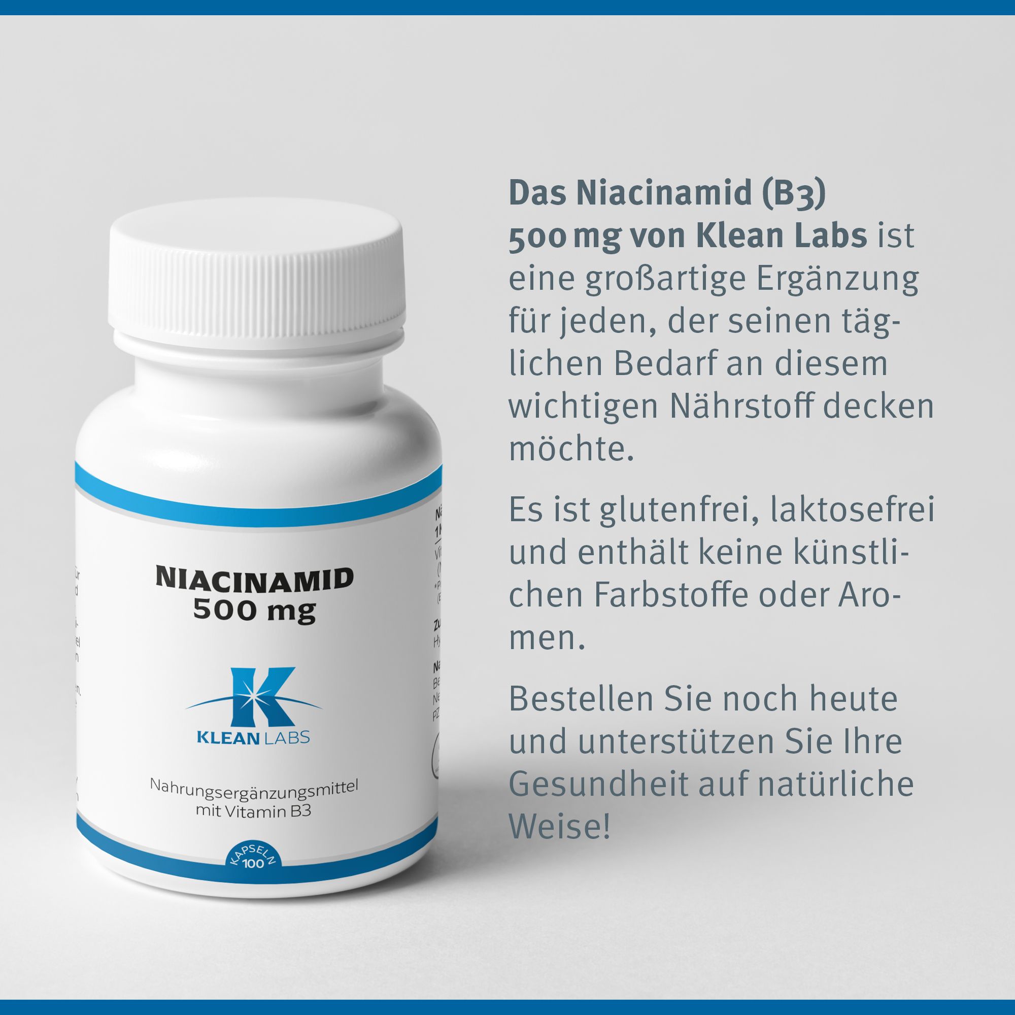 Flasche Niacinamid 500 mg. Aufschrift: Klean Labs. Text über Vorteile und Inhaltsstoffe.