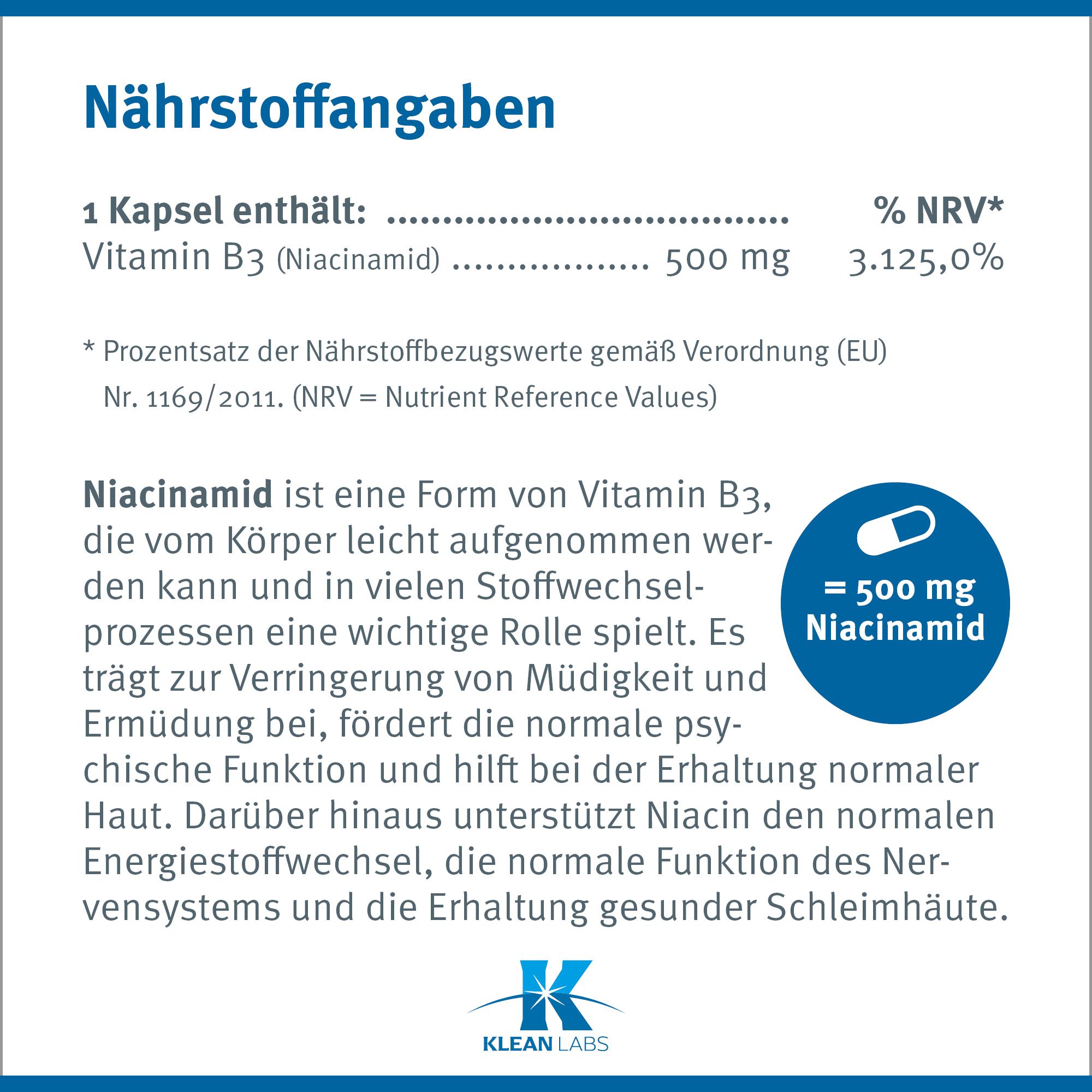 Text über Nährstoffangaben. Vitamin B3 (Niacinamid) 500 mg. Abbildung einer Kapsel.