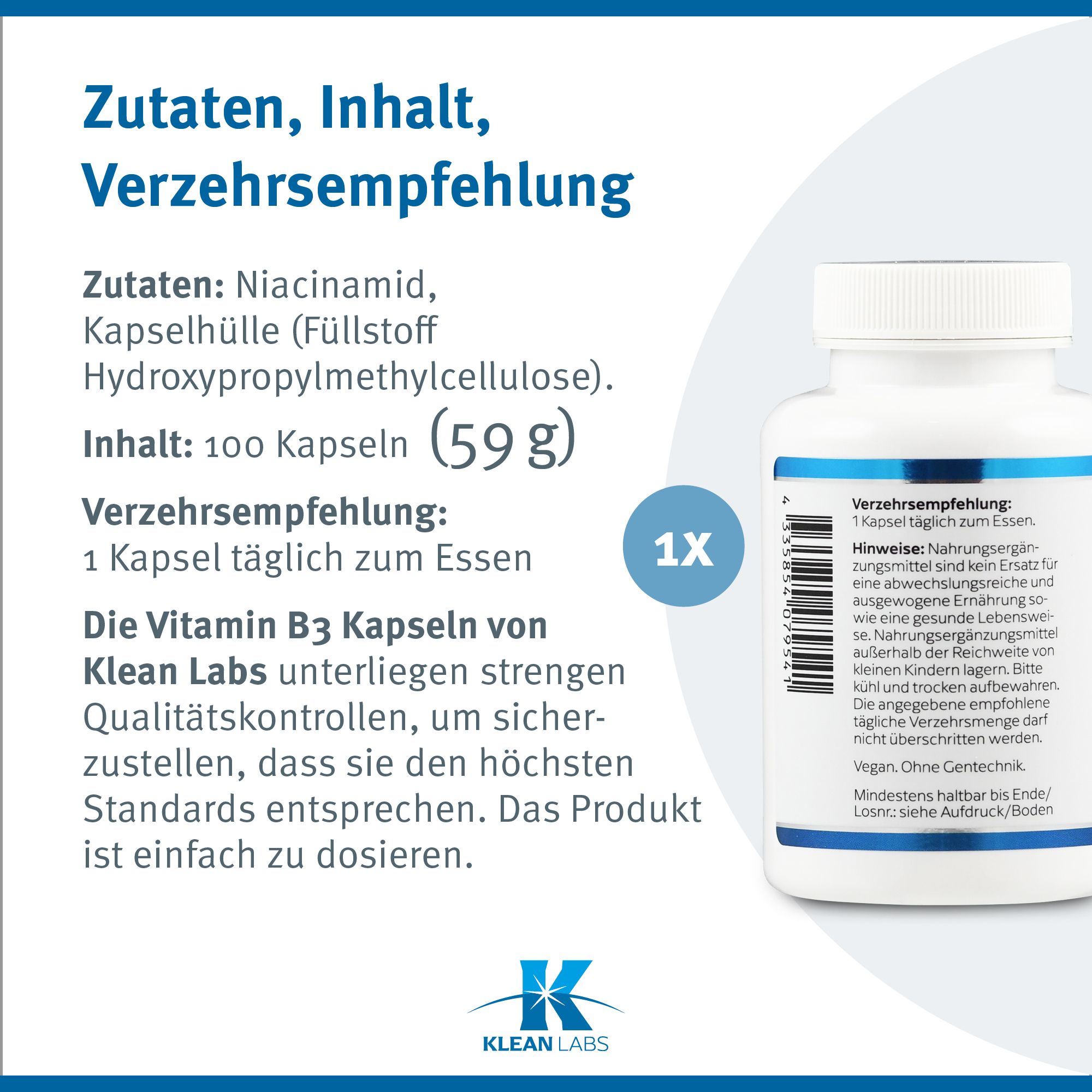 Text über Zutaten, Inhalt und Verzehrempfehlung. 100 Kapseln (59 g).
