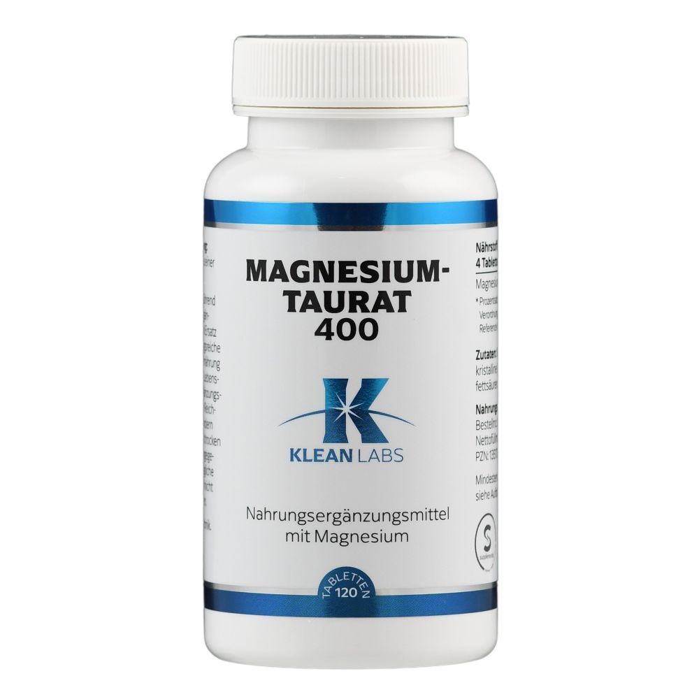 Weiße Flasche mit blauem Etikett. Aufschrift: Magnesium-Taurat 400, Klean Labs. 120 Tabletten.