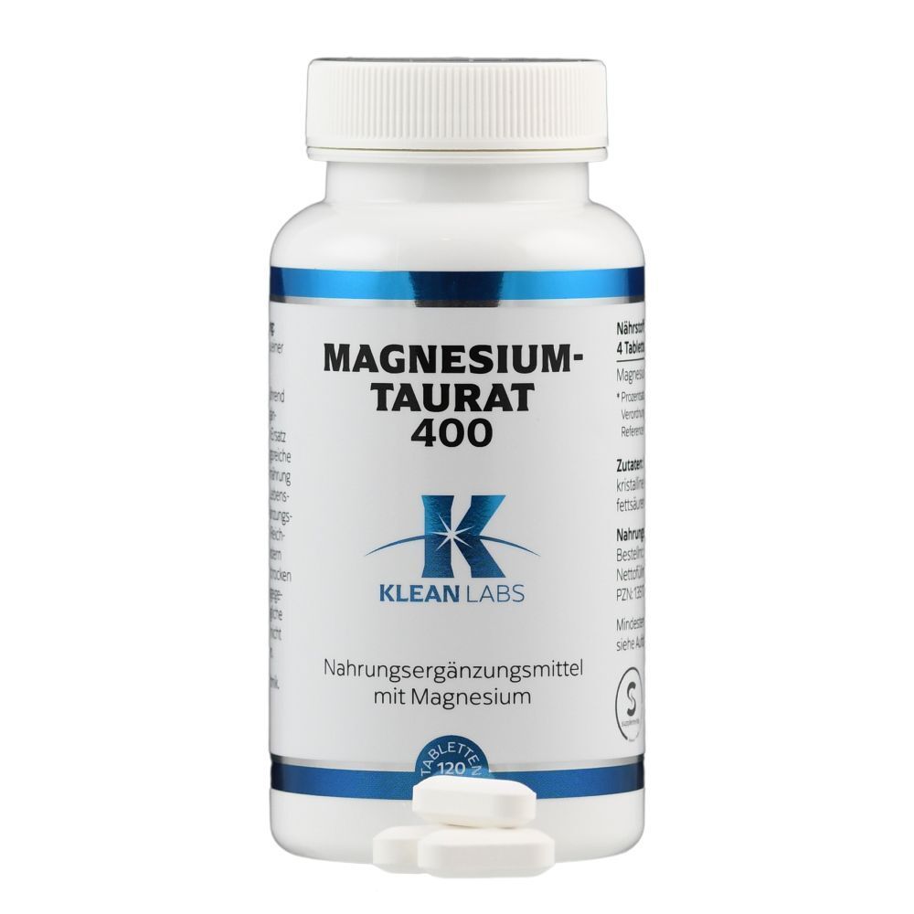Weiße Flasche mit blauem Etikett. Aufschrift: Magnesium-Taurat 400, Klean Labs. 120 Tabletten. 3 Tabletten daneben.