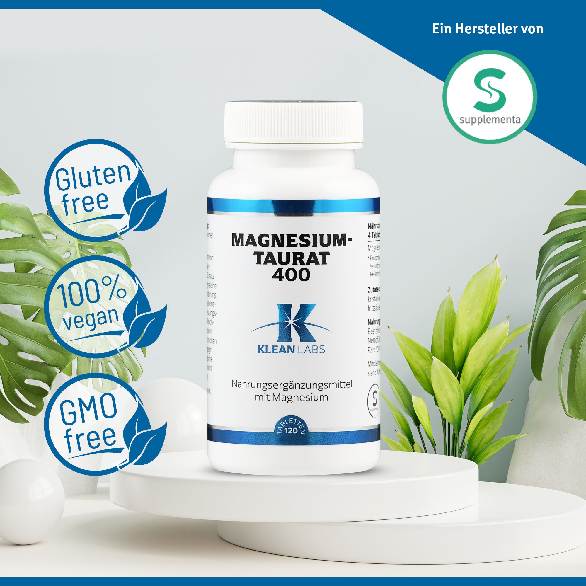 Weiße Flasche mit blauem Etikett. Aufschrift: Magnesium-Taurat 400, Klean Labs. 120 Tabletten. Vegan, GMO-frei.
