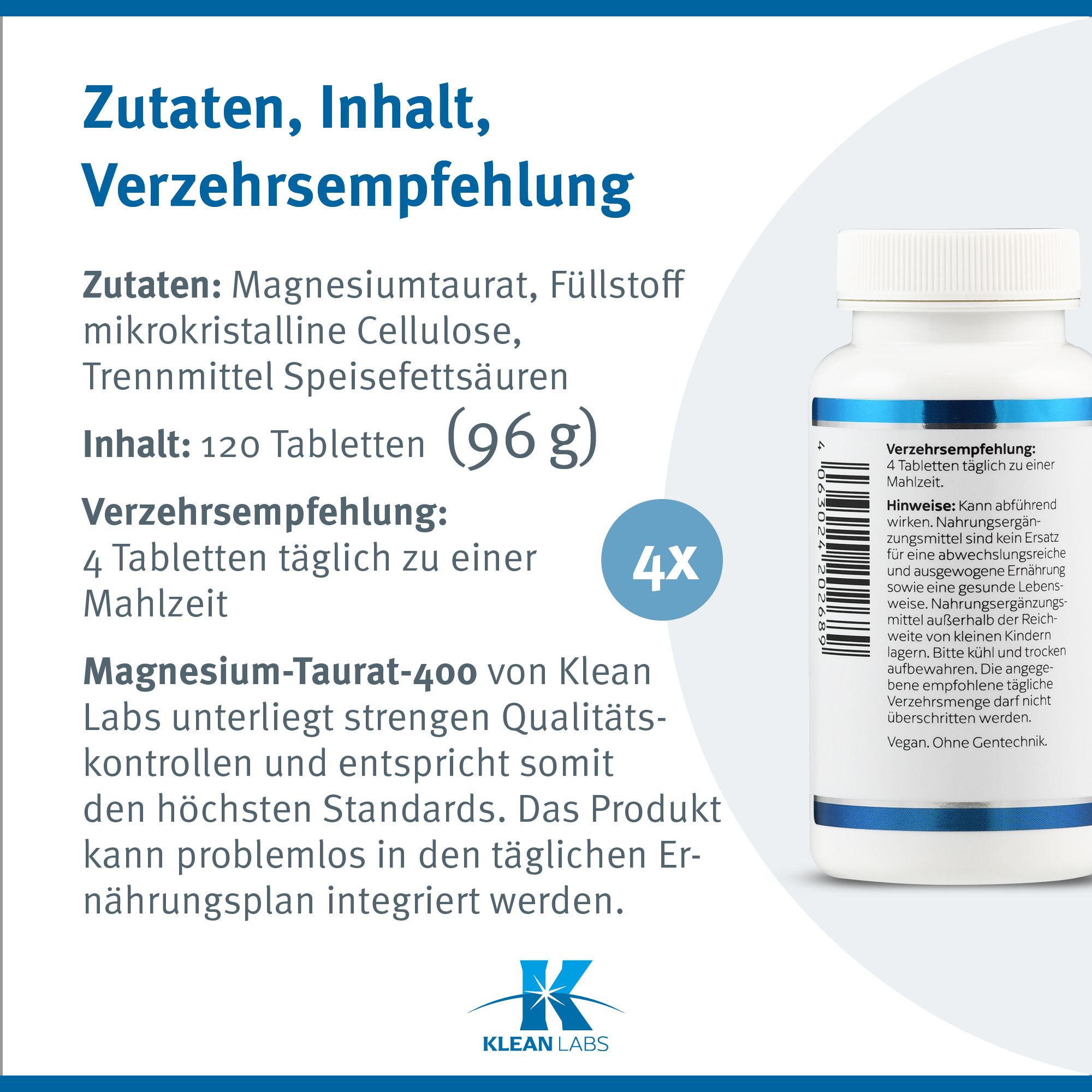 Text über Zutaten, Inhalt und Verzehrempfehlung. 120 Tabletten (96 g). 4 Tabletten täglich.