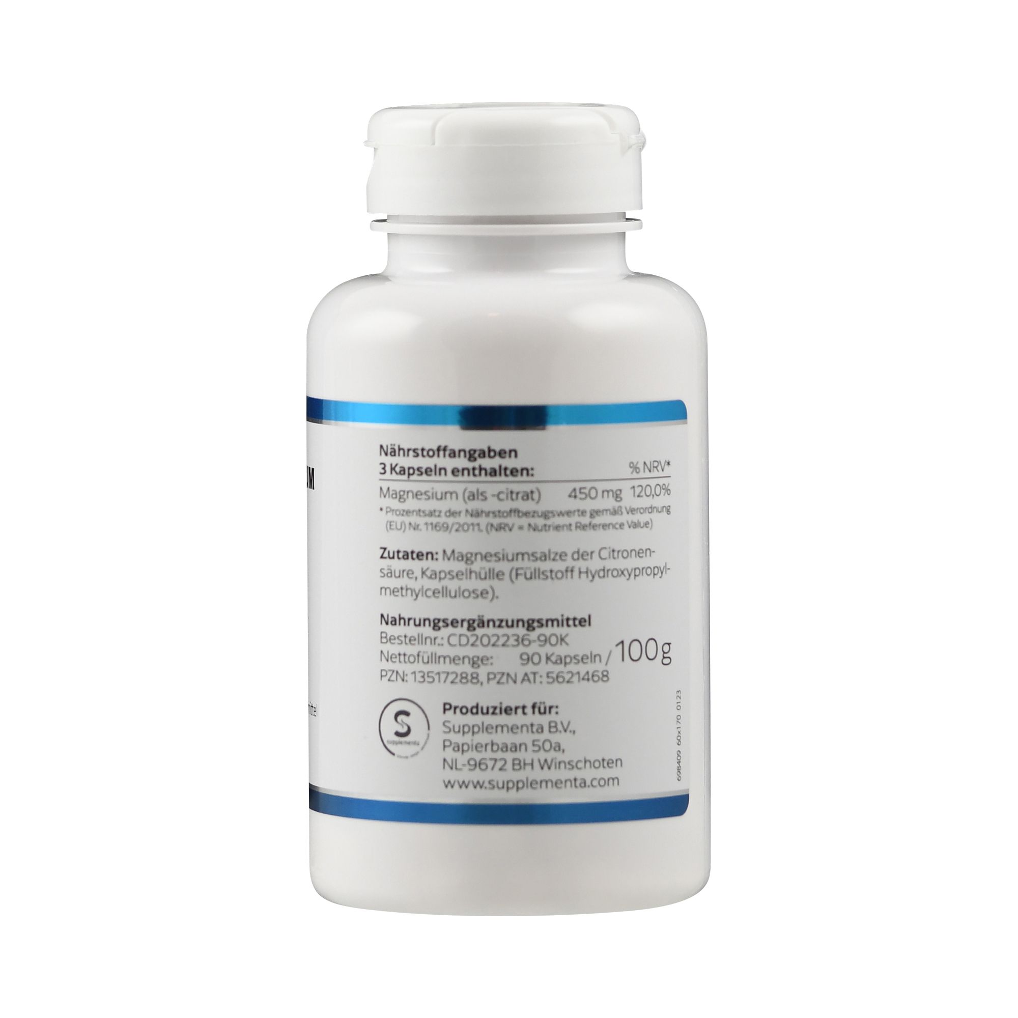 Rückseite der weißen Flasche. Enthält Nährwertangaben und Zutaten. Herstellerinformationen und Chargennummer.