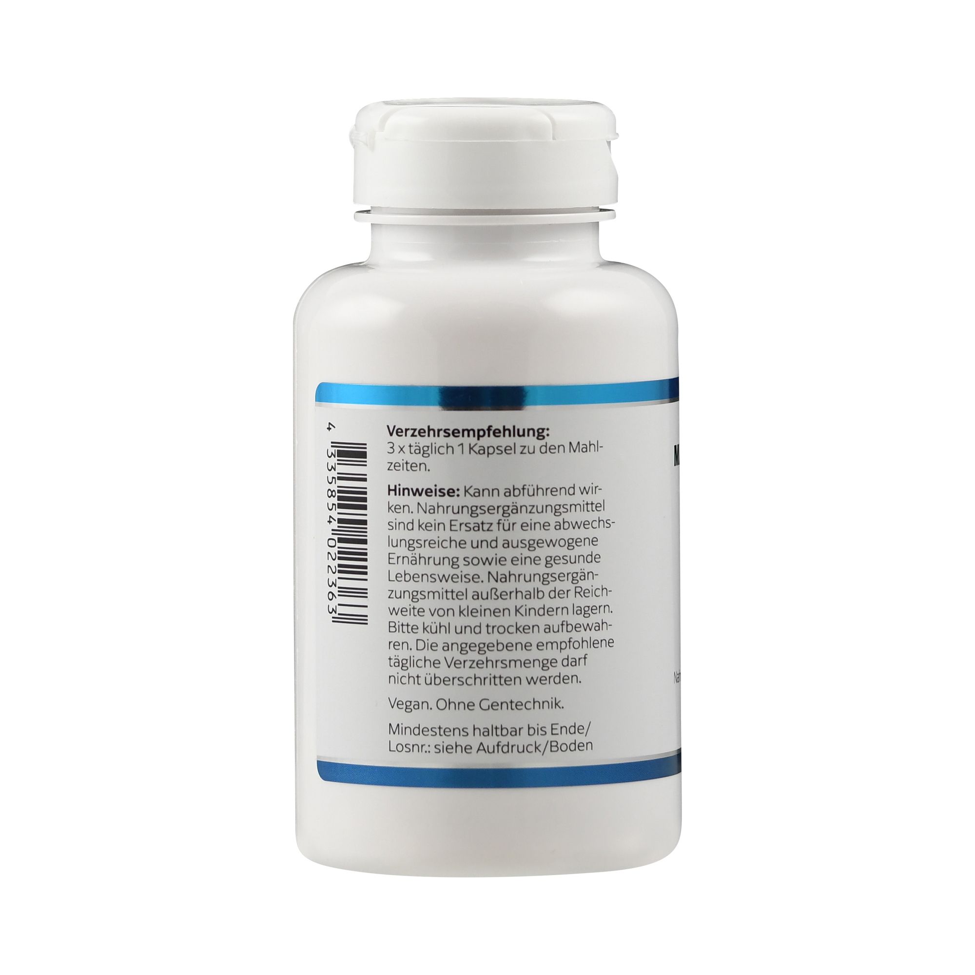 Rückseite der weißen Flasche. Enthält Verzehrempfehlung und Warnhinweise. Vegan, ohne Gentechnik.