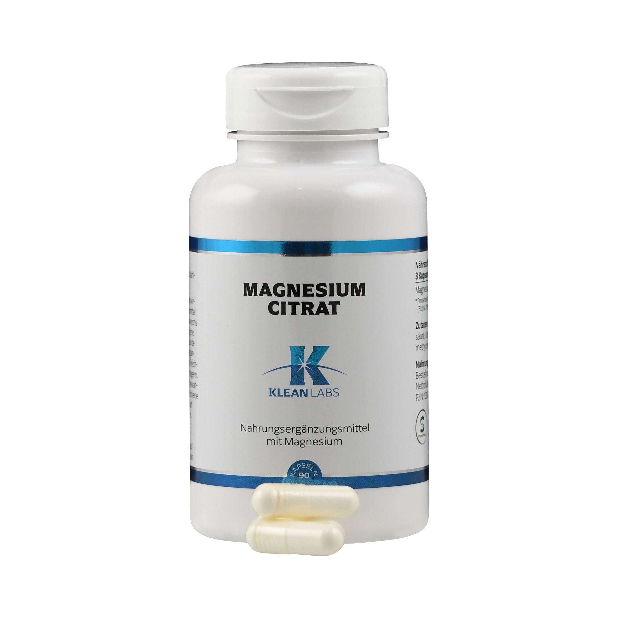 Weiße Flasche mit blauem Streifen. Aufschrift: Magnesium Citrat, Klean Labs. Zwei Kapseln liegen daneben.