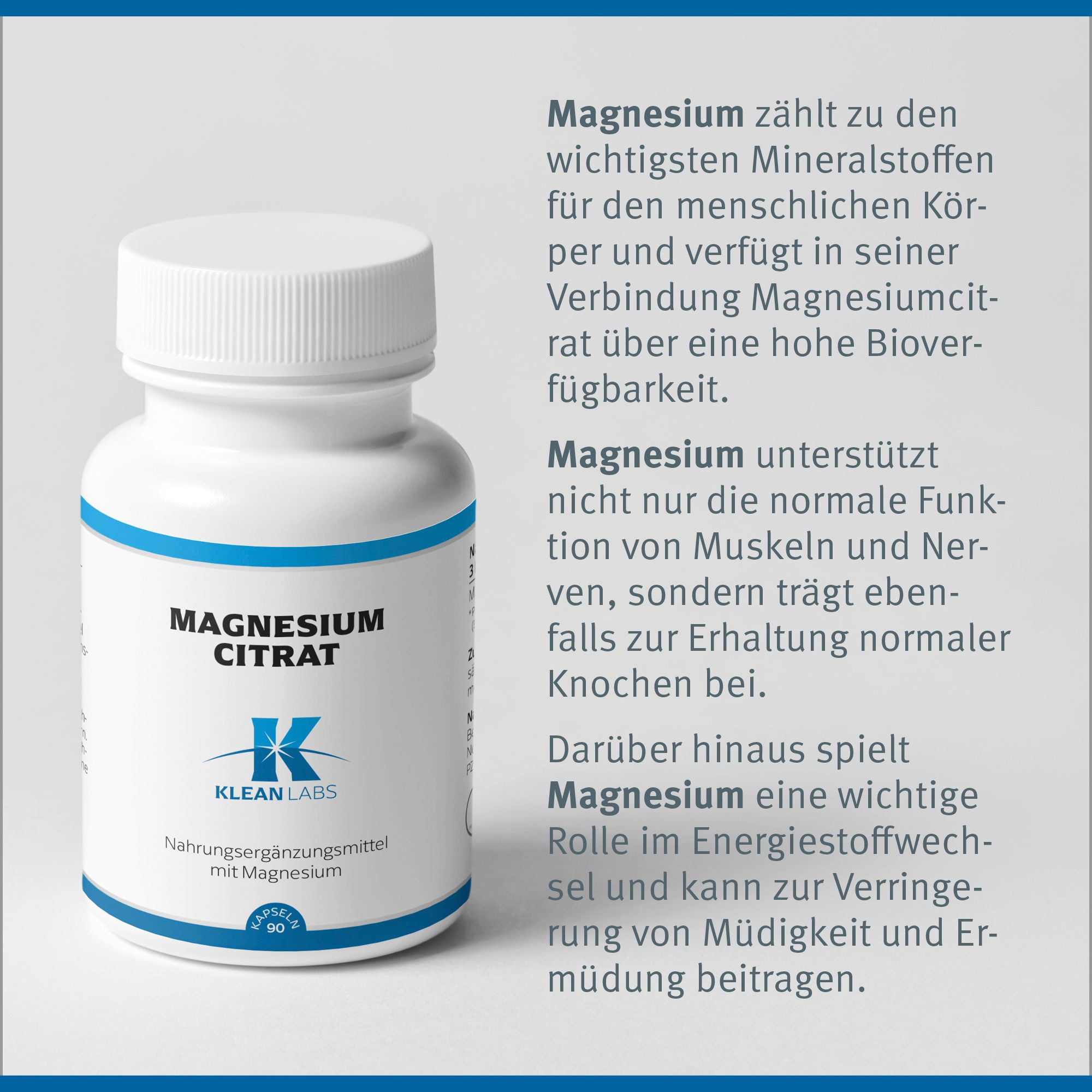Flasche Magnesium Citrat. Aufschrift: Magnesium Citrat, Klean Labs. Magnesium unterstützt Muskelfunktion und Nerven.