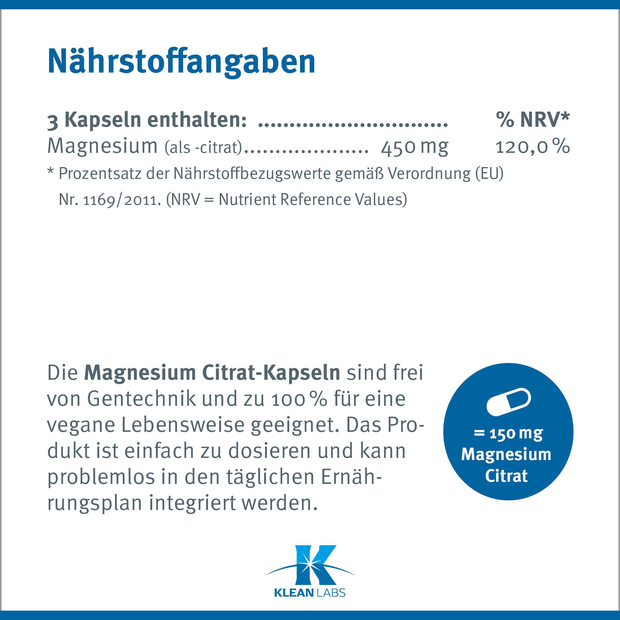 Nährwertangaben für Magnesium Citrat Kapseln. 3 Kapseln enthalten 450 mg Magnesium. Vegan.