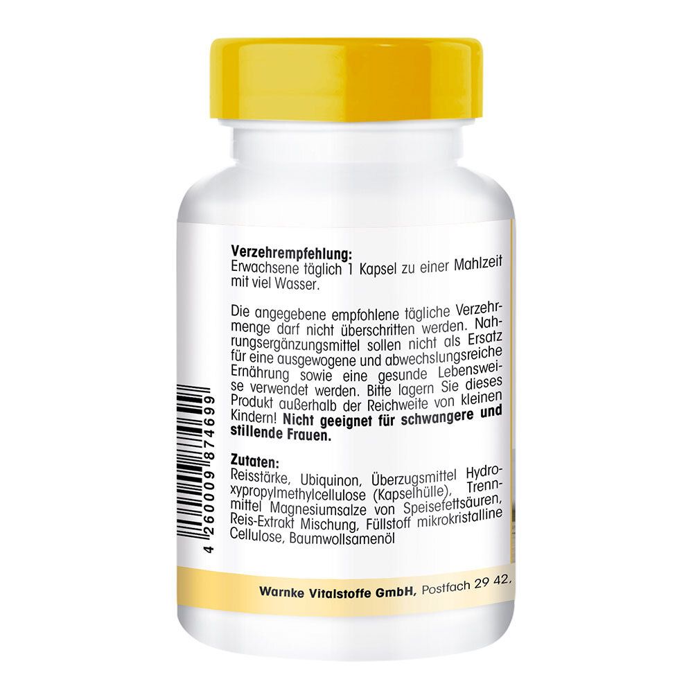 Rückseite einer weißen Flasche mit gelbem Deckel. Text: Verzehrempfehlung, Zutaten, Warnke Vitalstoffe GmbH.