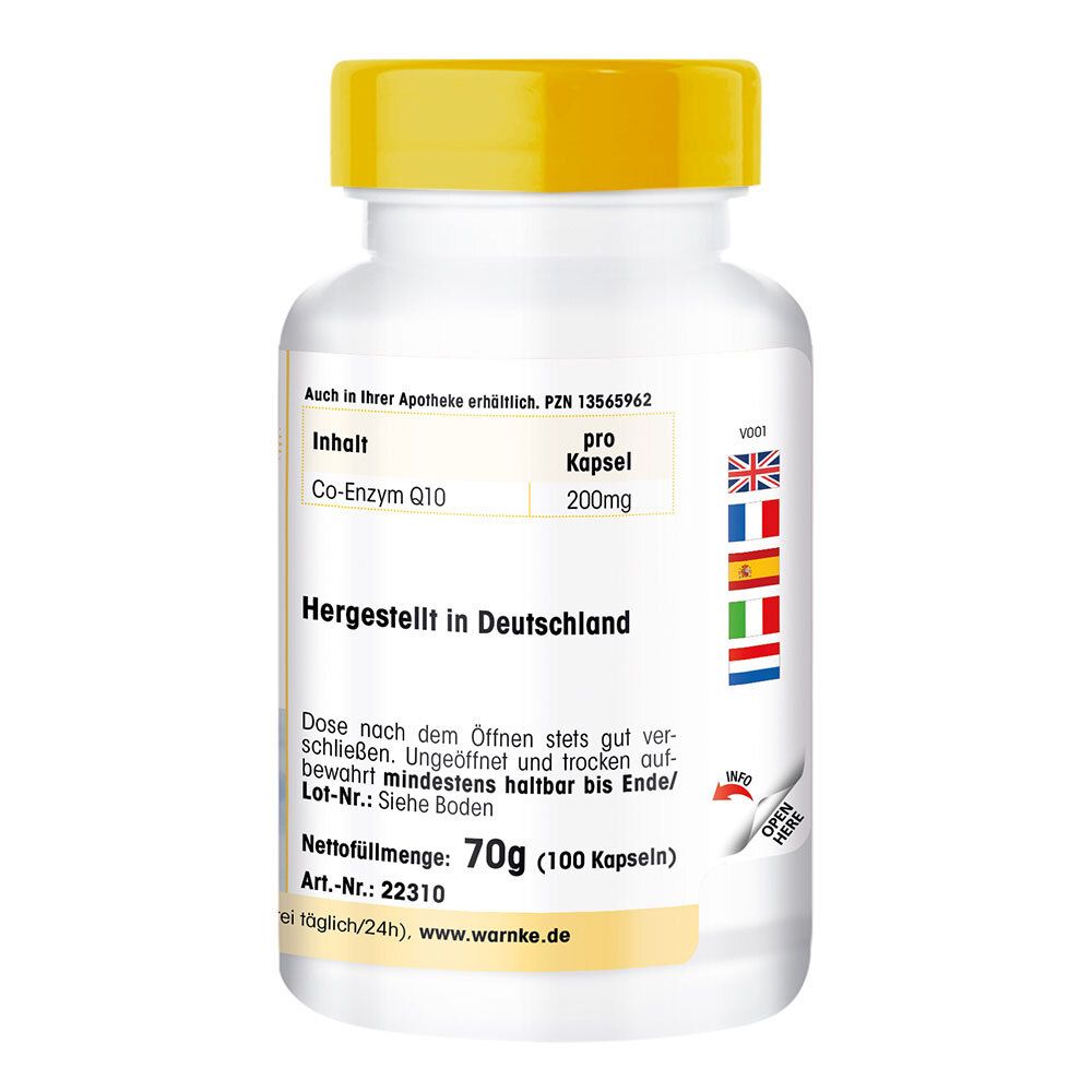 Rückseite einer weißen Flasche mit gelbem Deckel. Text: Co-Enzym Q10 200mg, hergestellt in Deutschland, 70g (100 Kapseln).