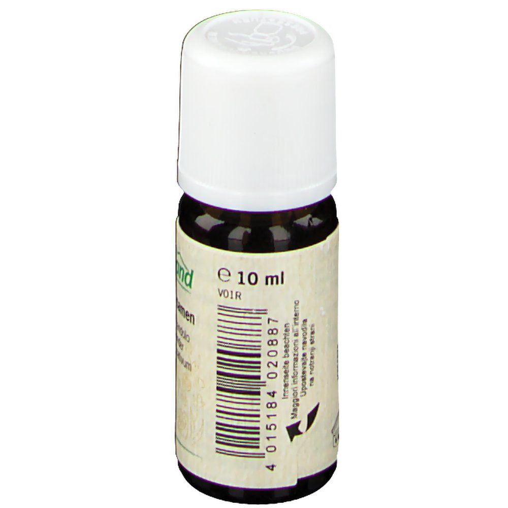 Braune Glasflasche mit weißem Deckel. Aufschrift: 10 ml. Etikett mit Produktinformationen und Barcode.