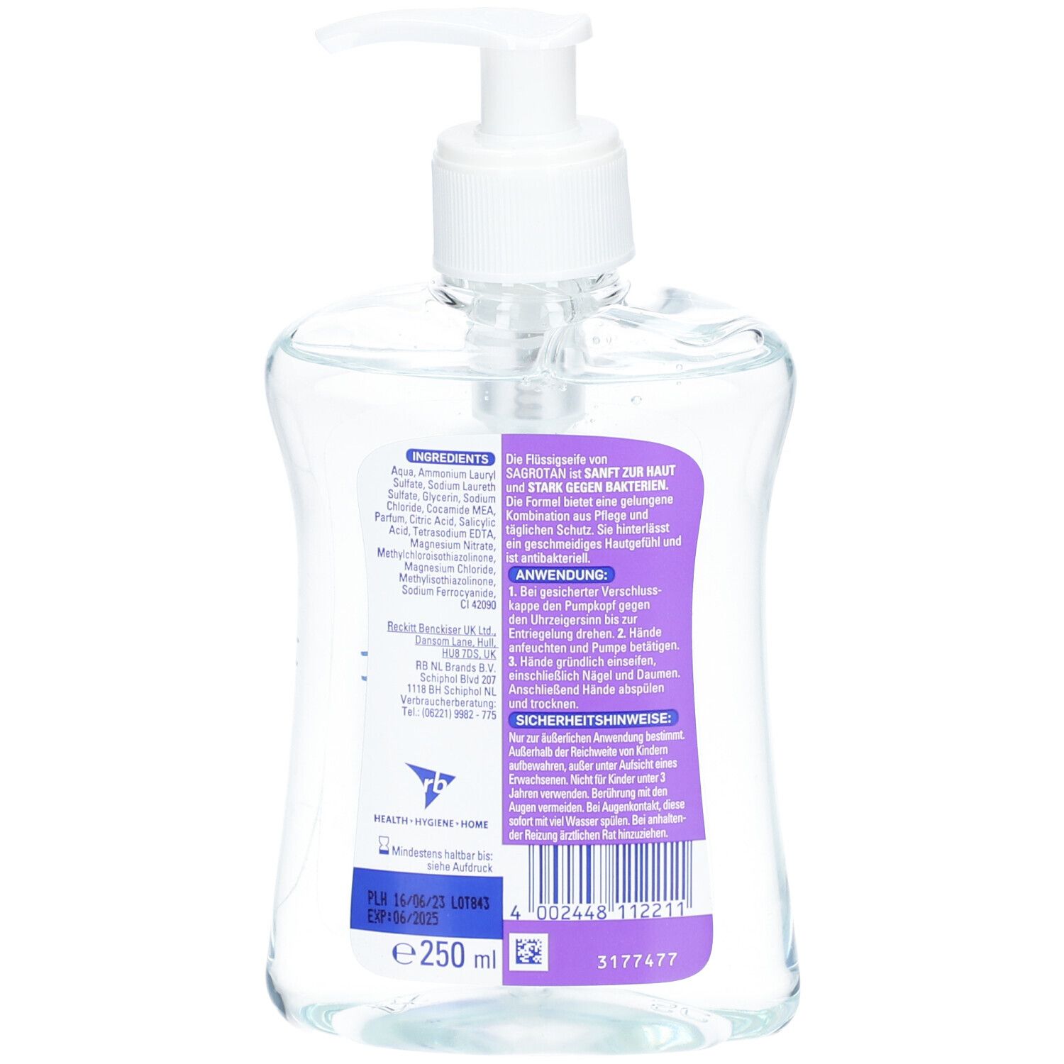 Rückseite der Flasche. Etikett mit Inhaltsstoffen und Anwendungshinweisen.