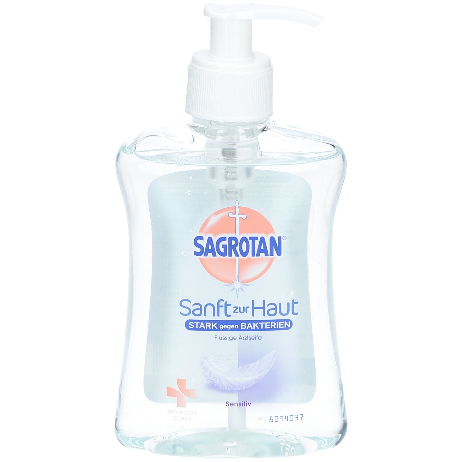 Produktflasche mit Pumpkopf, Ansicht von oben. Produktname und Logo sichtbar.