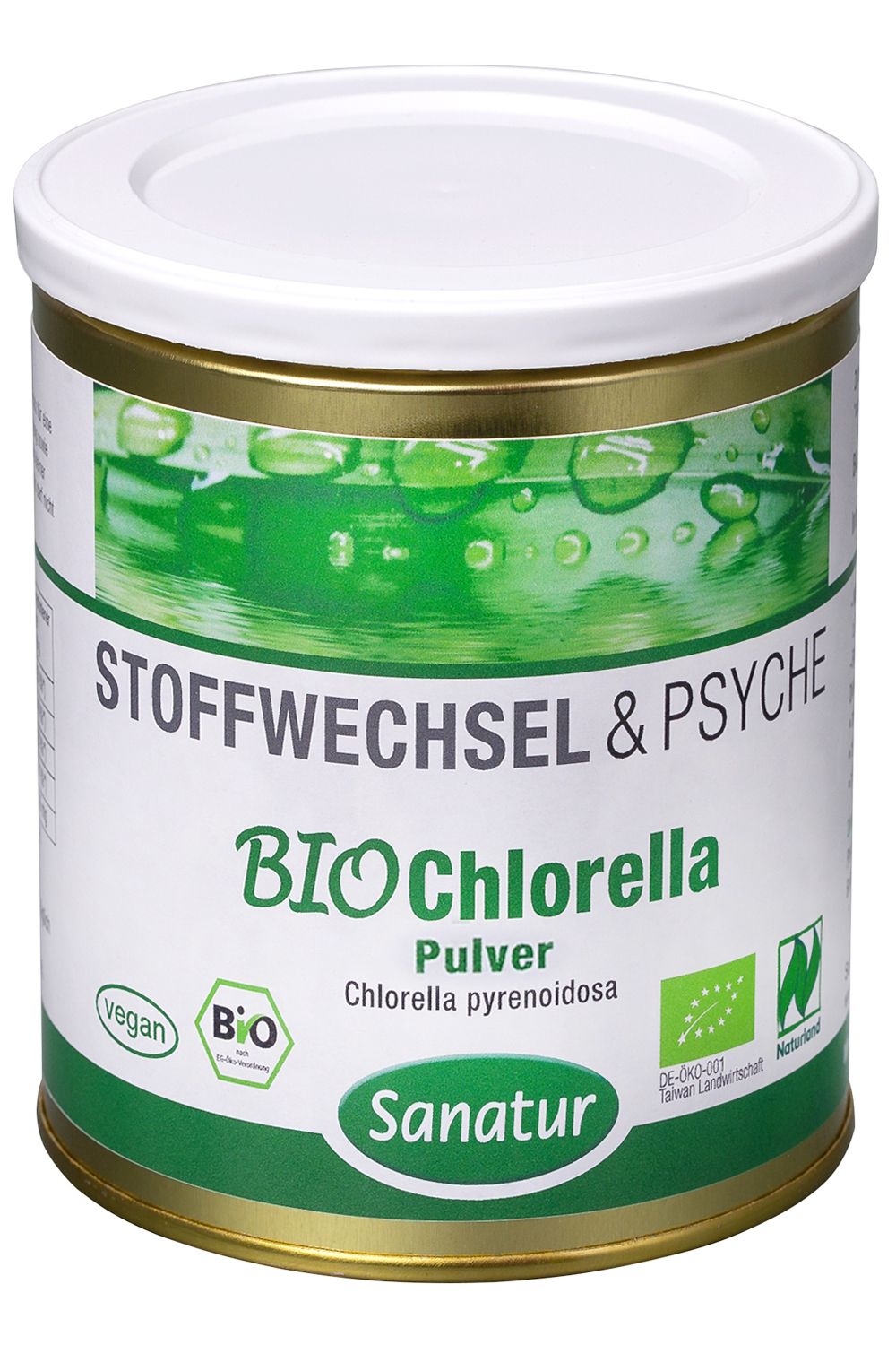 Runde Dose mit weißem Deckel. Aufschrift: BIO Chlorella Pulver, Sanatur. Mit Bio-Siegel und Vegan-Logo.