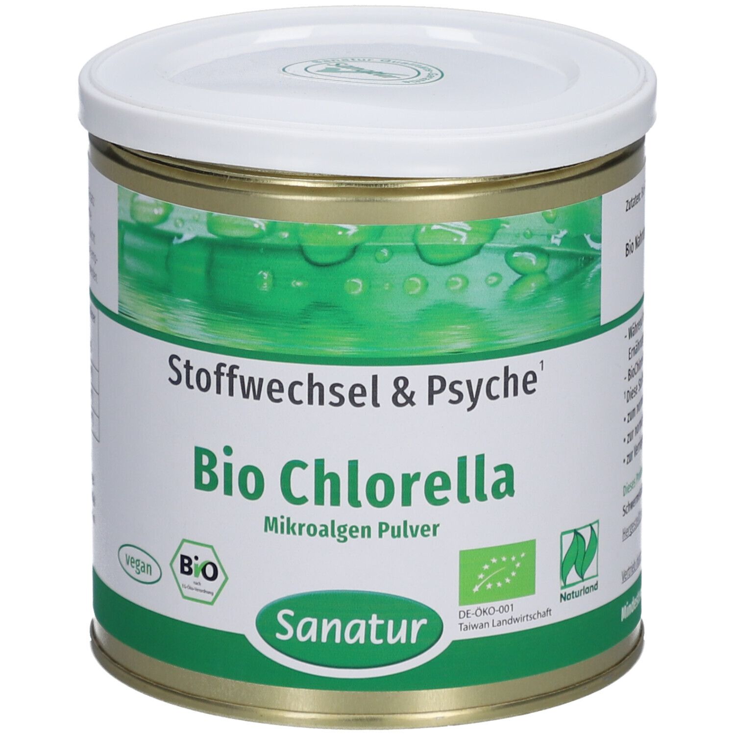 Runde Dose mit weißem Deckel. Aufschrift: Bio Chlorella Mikroalgen Pulver. Marke: Sanatur. Grün-weiße Etikettierung.