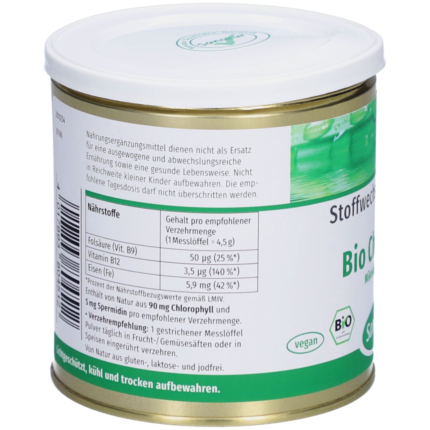 Dose mit weißem Deckel. Aufschrift: Nährwertangaben, Inhaltsstoffe. Enthält Folsäure, Vitamin B12, Eisen. Text in deutscher Sprache.