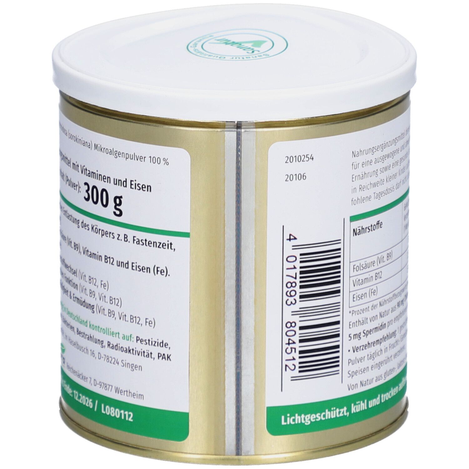 Dose mit weißem Deckel. Aufschrift: 300 g, Bio Nahrungsergänzungsmittel. Enthält Vitamine und Eisen. Text in deutscher Sprache.