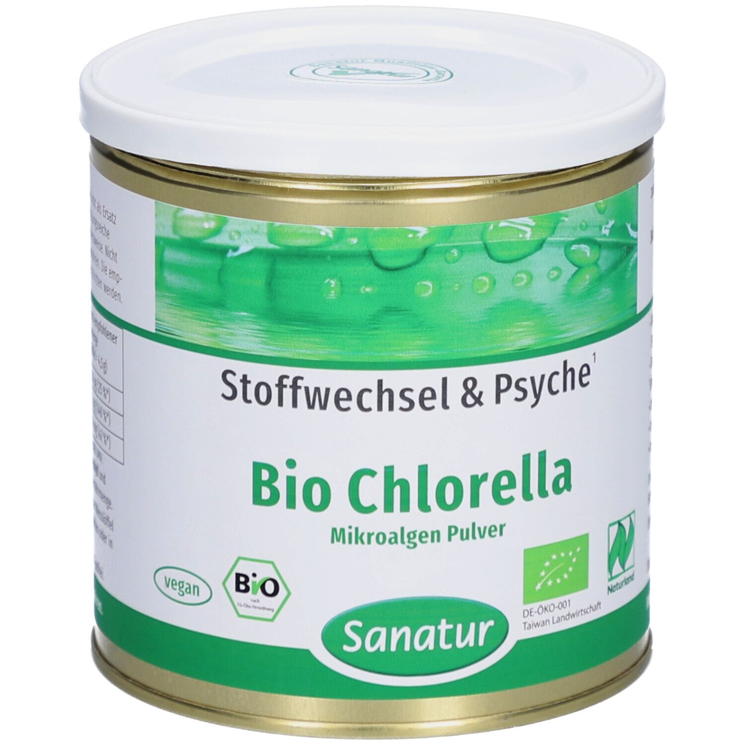 Runde Dose mit weißem Deckel. Aufschrift: Bio Chlorella Mikroalgen Pulver. Marke: Sanatur. Grün-weiße Etikettierung.
