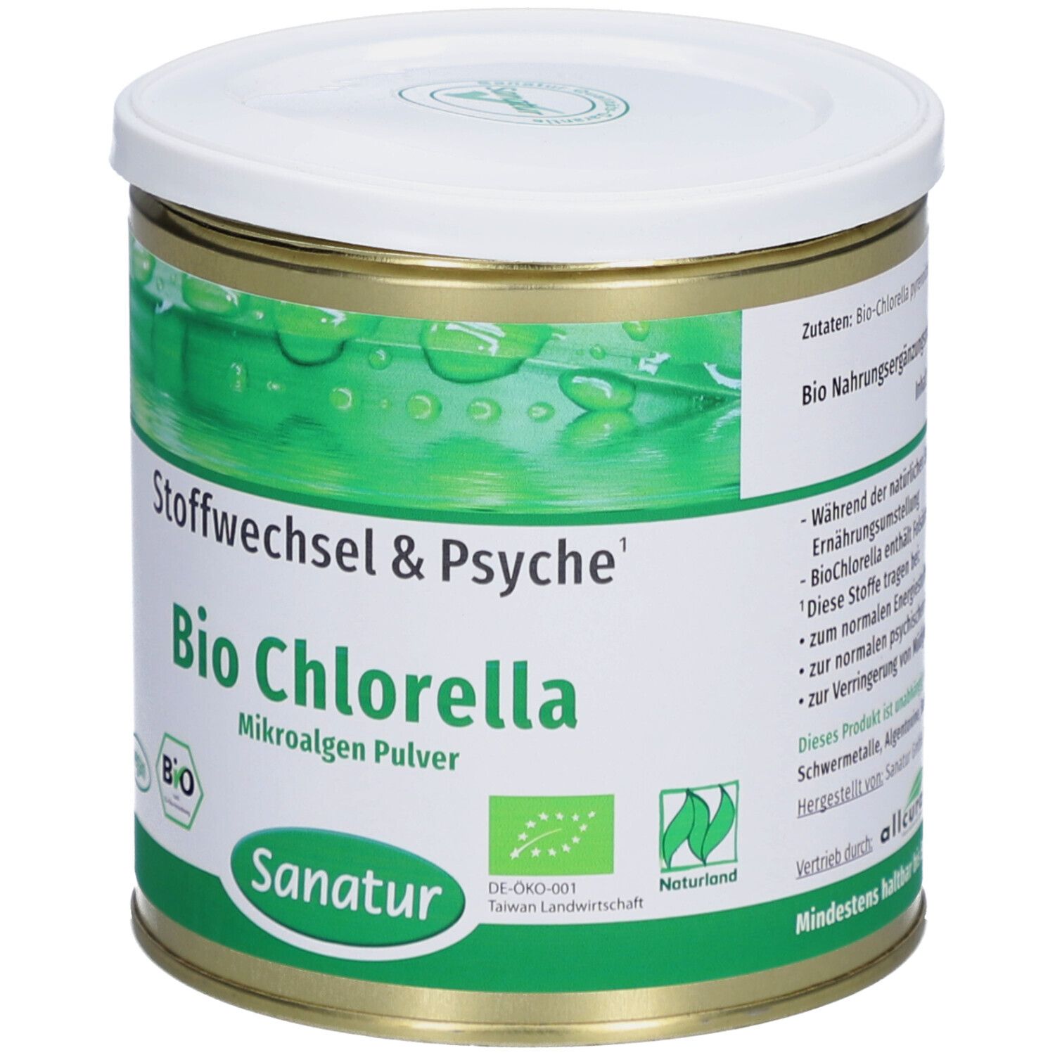 Dose mit weißem Deckel. Aufschrift: Bio Chlorella Mikroalgen Pulver. Marke: Sanatur. Grün-weiße Etikettierung. Bio-Siegel.