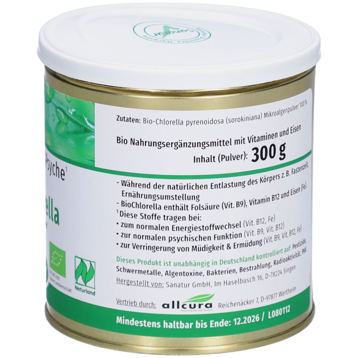 Dose mit weißem Deckel. Aufschrift: 300 g, Bio Nahrungsergänzungsmittel. Enthält Vitamine und Eisen. Text in deutscher Sprache.