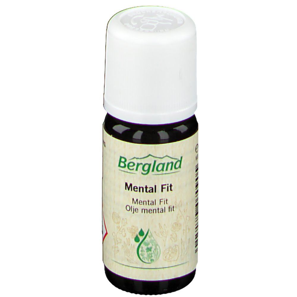 Braune Glasflasche mit weißem Deckel. Aufschrift: Bergland Mental Fit. Grünes Logo mit Tropfen. Etikett mit Warnsymbolen.