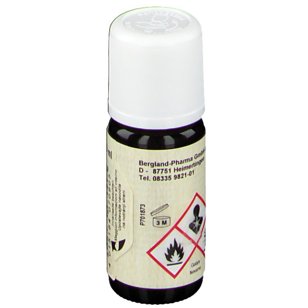 Braune Glasflasche mit weißem Deckel. Etikett mit Herstellerinformationen und Warnsymbolen. Haltbarkeit: 3M.