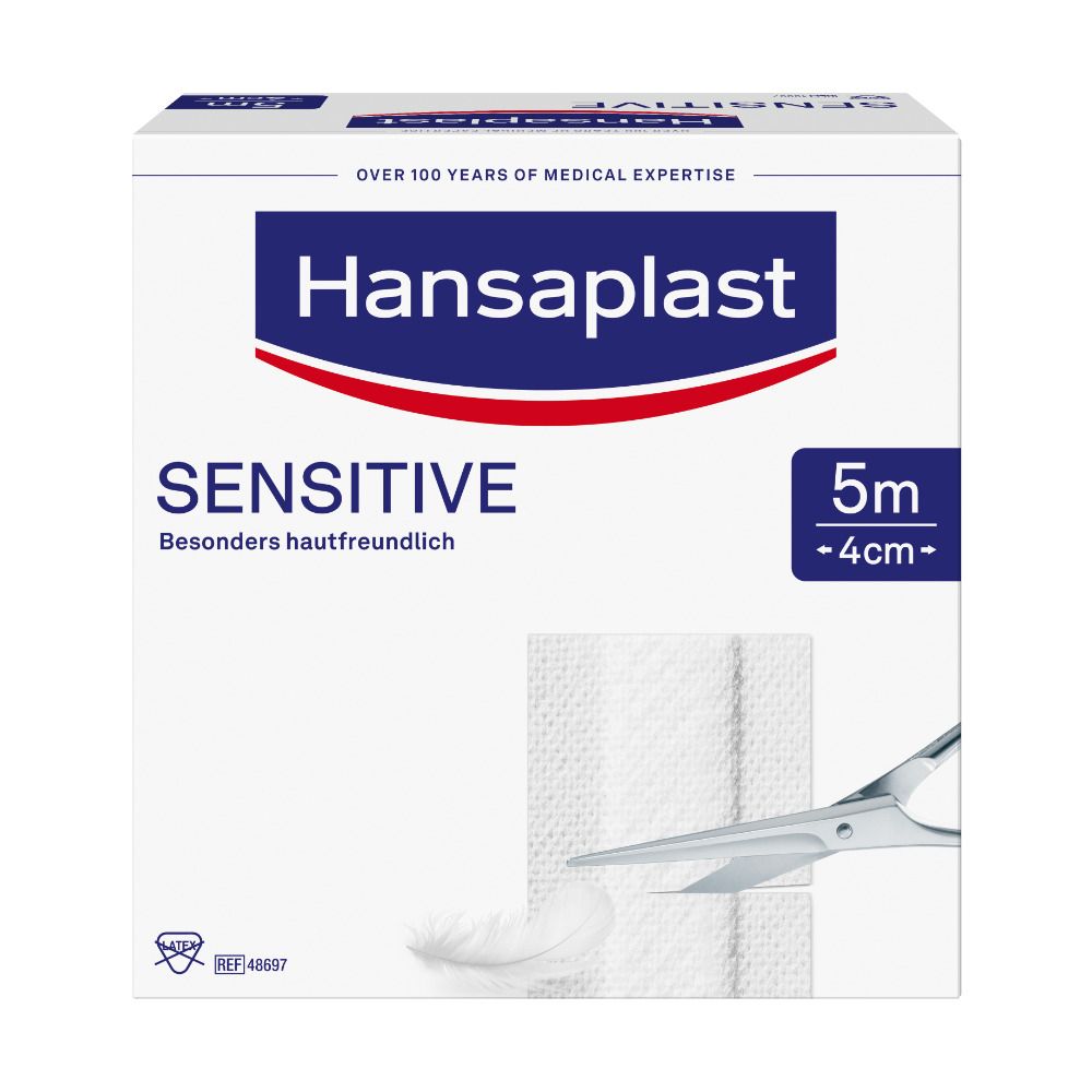 Weiße Verpackung mit Hansaplast-Logo und Produktbezeichnung. Enthält Pflaster, Schere und Feder. Maße: 5m x 4cm.